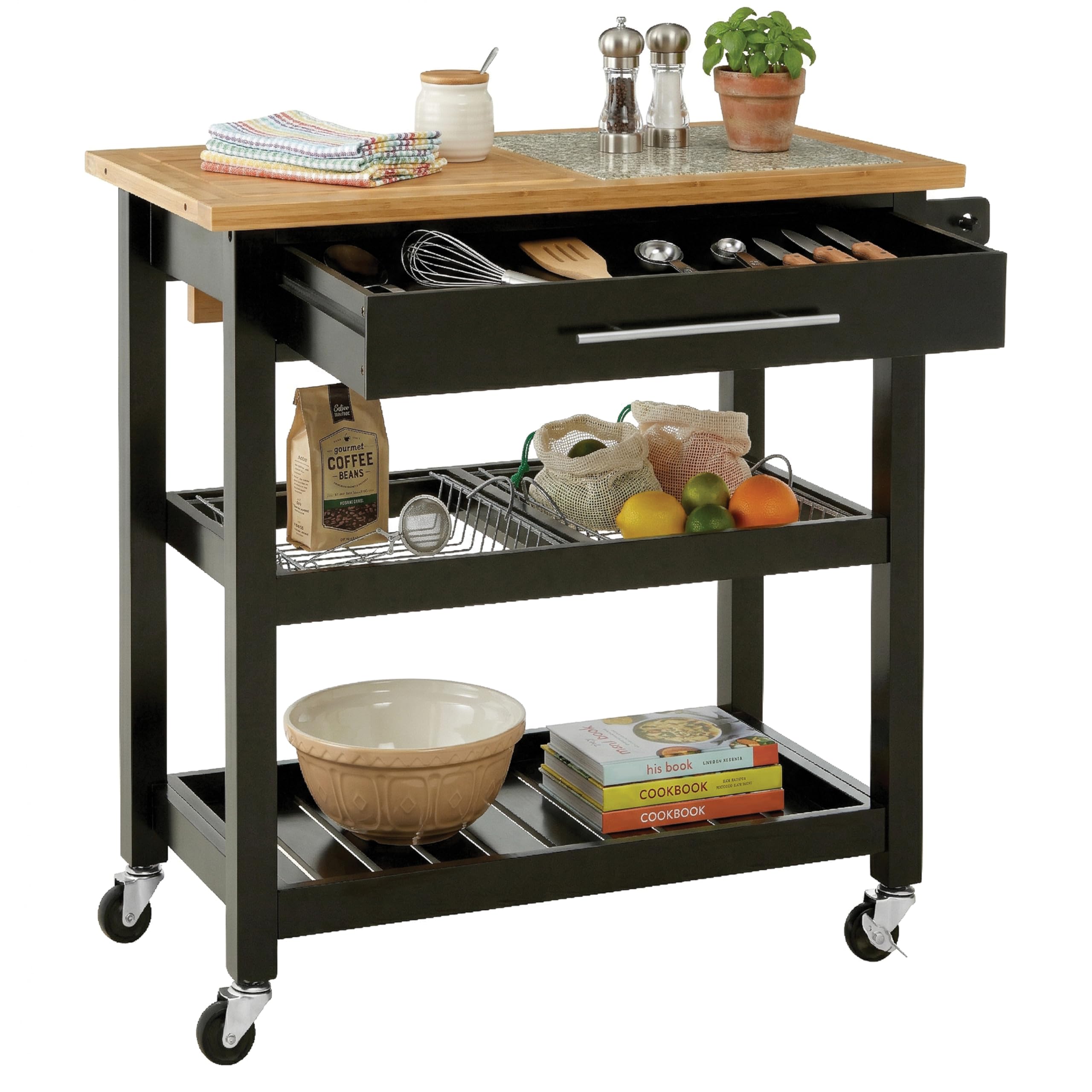 Premier Housewares Spacious Wide Kitchen Trolley With Granite Top, Durable Trolley For Kitchen, Versatile Kitchen Trolley