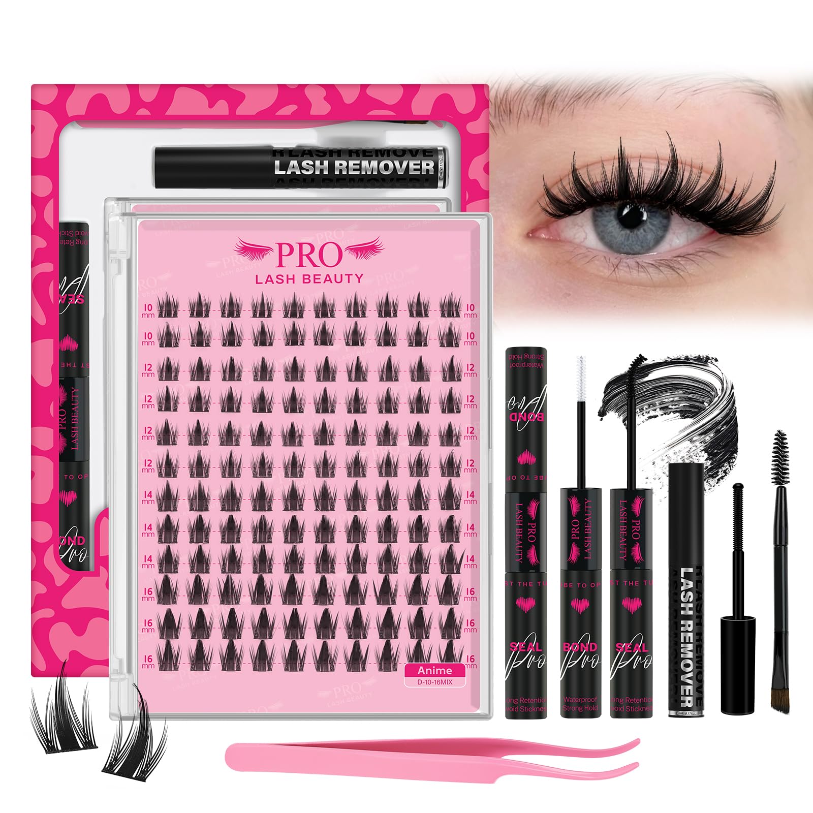 PROLASHBEAUTY Manga Lash Clusters Kit Anime Ultra-Thin Band Fairy Cluster Lashes Kit with Lash Bond and Seal Applictor Remover Waterproof Long-Lasting (Anime,10-16mix)