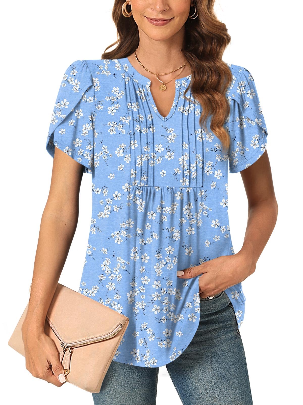 COFNEW Womens 2025 Summer Plus Size Tunic Tops V Neck Dressy Casual Blouse for Work Pleated Short Sleeve T-Shirts