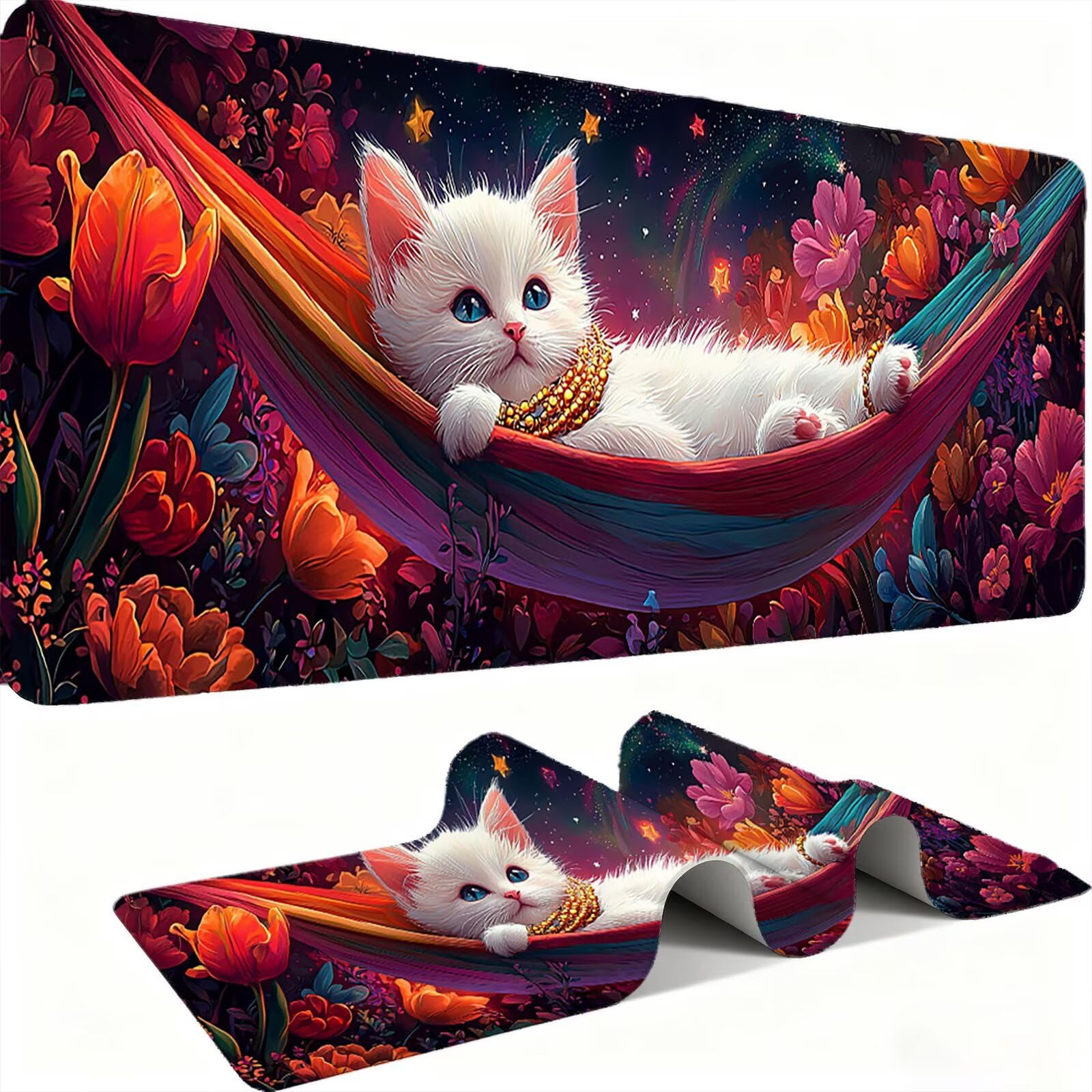 Tappetino Mouse XXL 1200x600x3mm Mouse Pad Gaming, Gatto Bianco Stelle, Mousepad Base Antiscivolo, Esteso Accessori Scrivania Tracciamento Ad Alta Precisione tappetino per Computer Ufficio, C0P-978