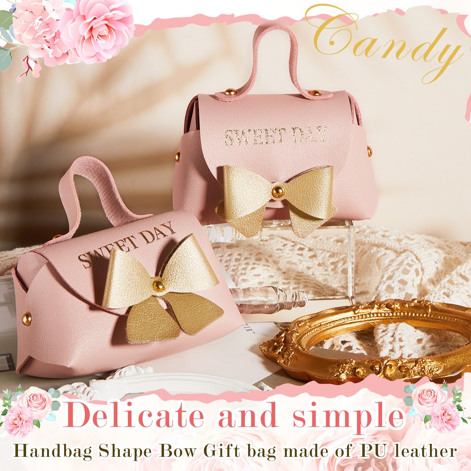 Dandat 20 Stück rosa Bowknot Geschenkbox mit Griff PU-Leder Geldbörse Box Rosa Leckerli-Boxen Wiederverwendbare rosa Süßigkeiten-Boxen mit goldener Schleife für Geburtstag Weihnachten Hochzeit Party