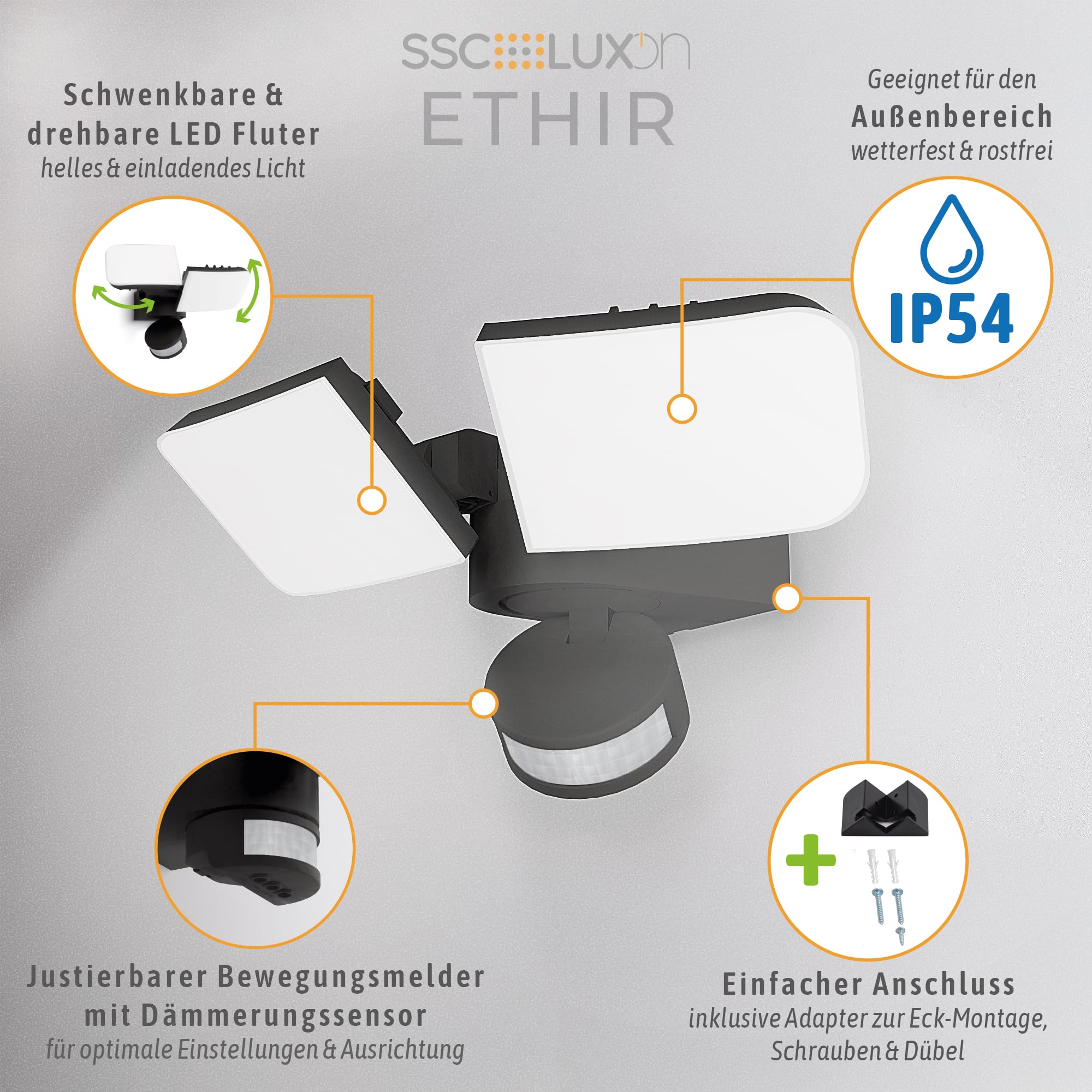 SSC-LUXon ETHIR Außenwandleuchte mit Bewegungsmelder LED Lampe Außen Wand - modernes Flutlicht IP54 neutralweißes Licht 230V