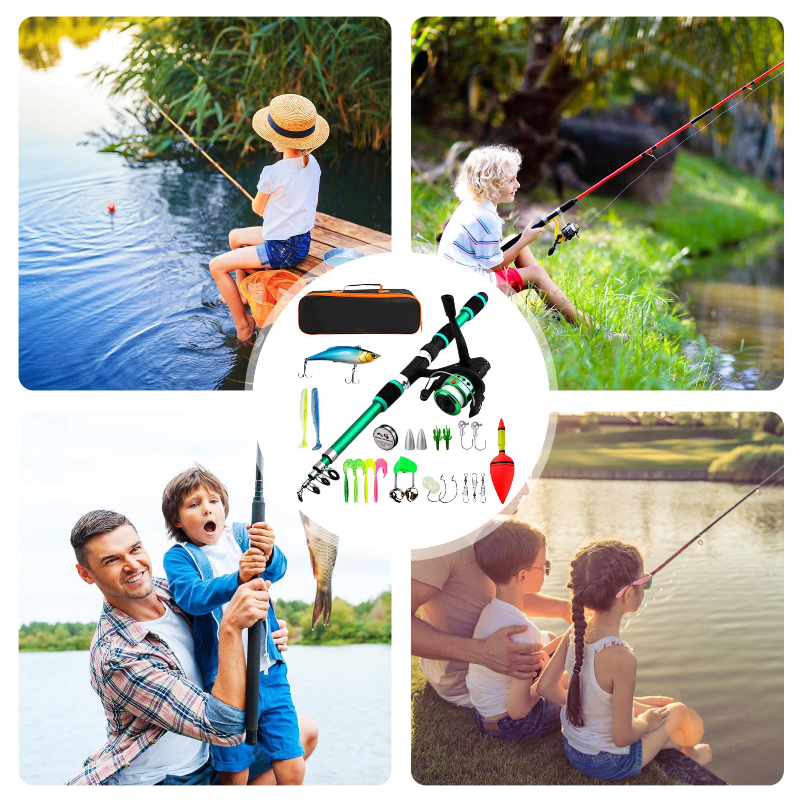 Juego de cañas de pescar para niños, 1,8 m, juego de iniciación para niños, caña de pescar telescópica con carrete y juego de cebo, accesorios para niños de 3 a 10 años