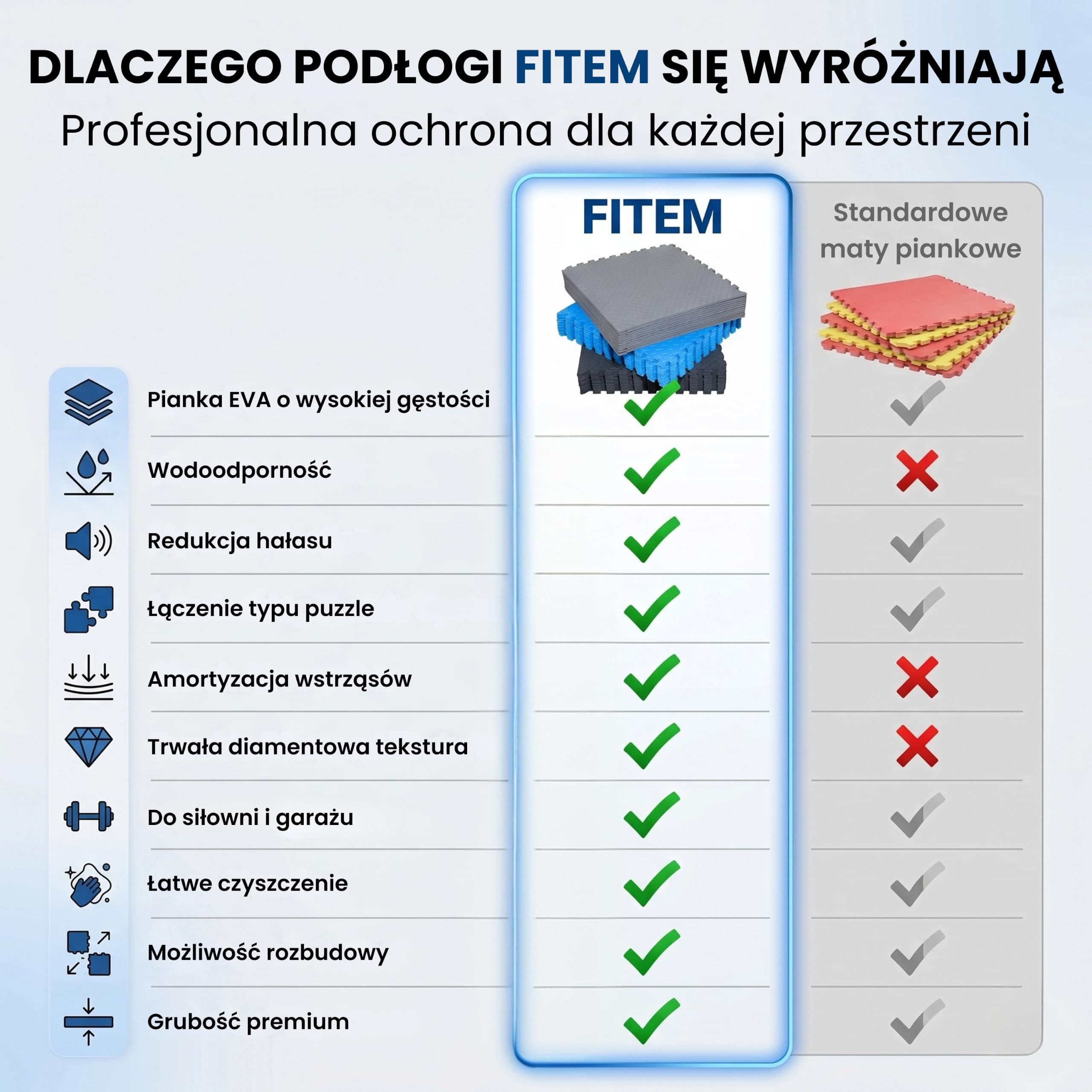 Fitem Środowiskowe płytki piankowe EVA, mata sportowa, puzzle, ochrona podłogi, garażu, Tatami, basen, fitness, trening siłowy, siłownia, 63 x 63 x 1 cm lub 44 x 44 x 1 cm
