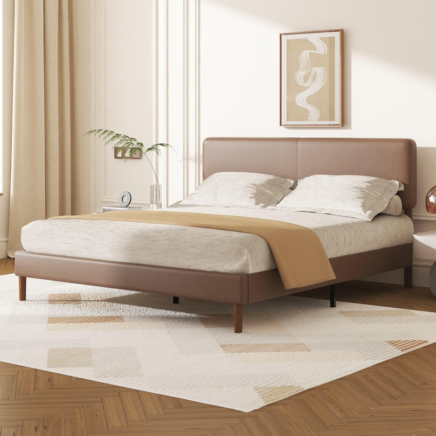 King Size Platform Bed Frame with Adjustable Headboard, Faux Leather Upholstered Bed, No Box Spring Needed, Noise-Free, Easy Assembly, Brown