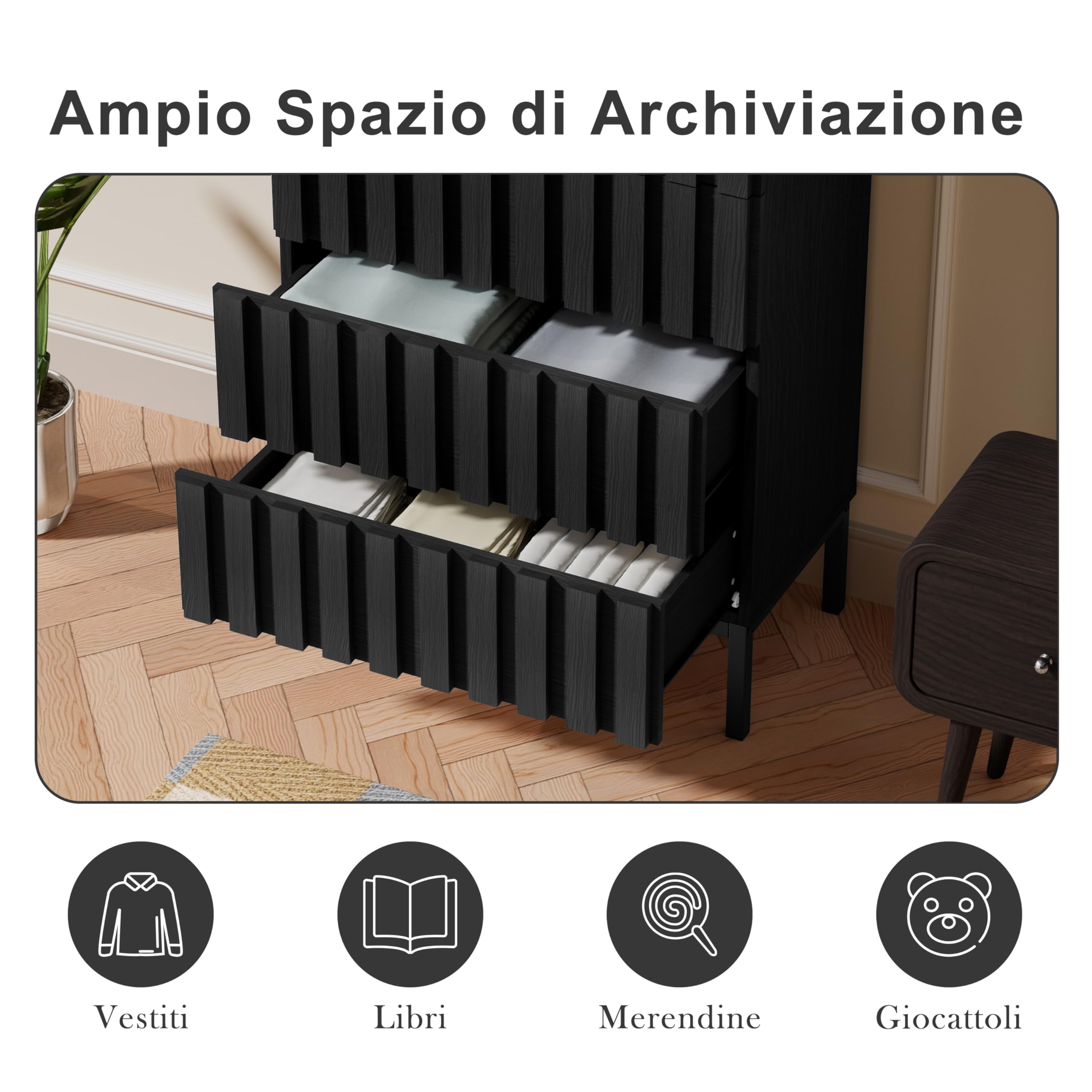 UEV Cassettiera Naturale con 5 Cassetti, Settimino Salvaspazio con Motivo a Doghe di Legno, Cassettiere Camera da Letto Solida e Stabile con Design Antiribaltamento, 60 x 34 x 110 cm, Nero