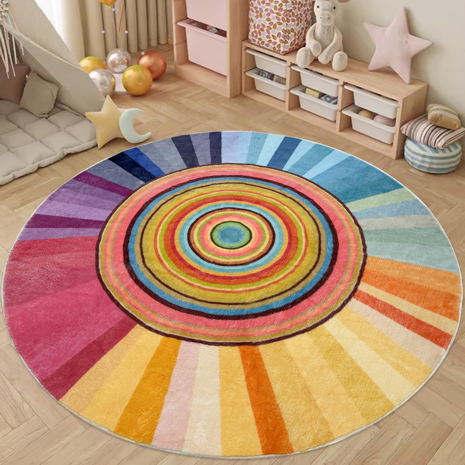 Lacomfy Kids Rug 6Ft Round Girls Bedroom Carpet Colorful Circle Sun Rug Rainbow Nursery Mat Modern Abstract Playroom Bedside Area Rug for Children