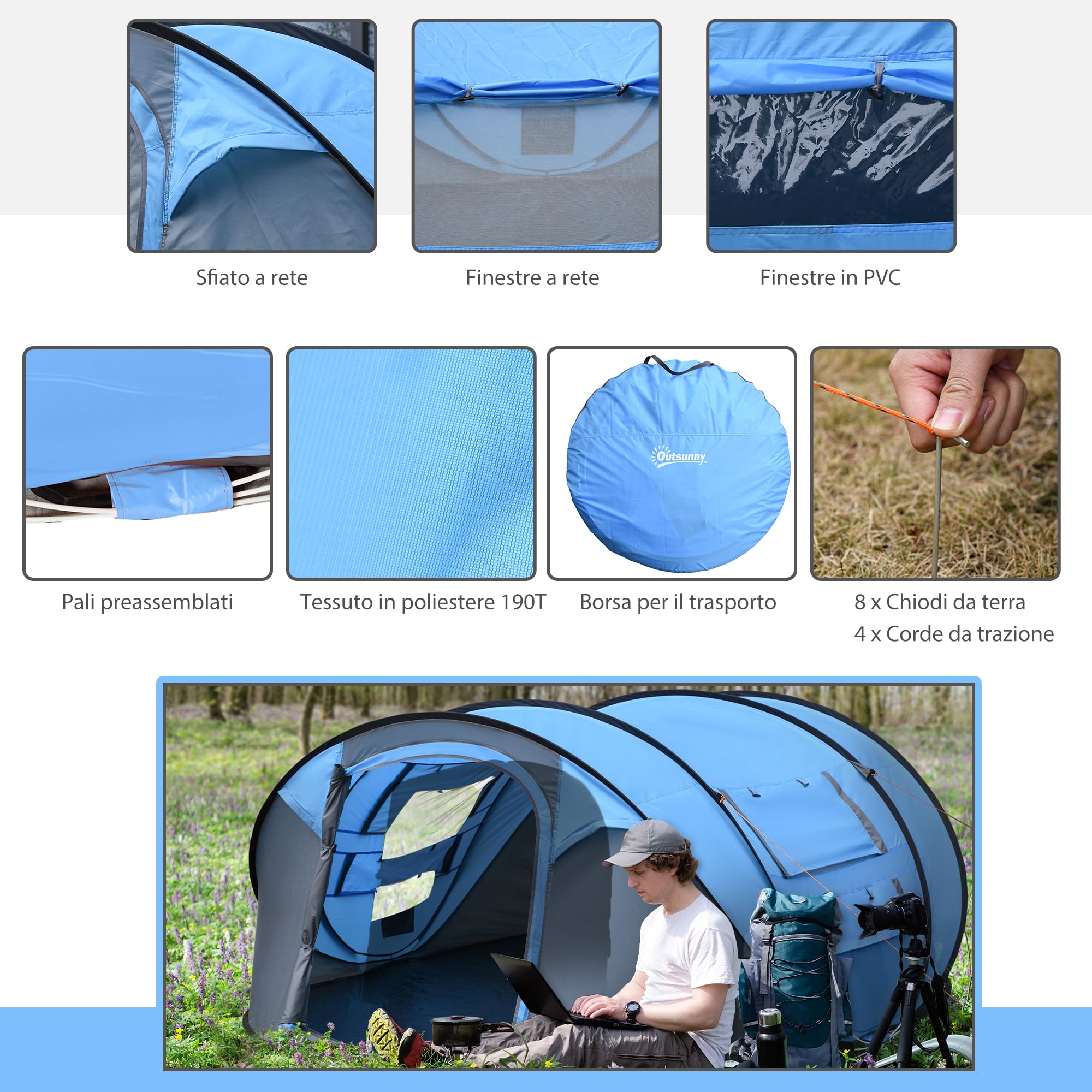 Outsunny Tenda da Campeggio Pop Up 4 Persone 2000mm Anti UV 20+ 263.5x220x123 cm Blu