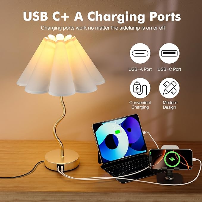 Dolymoly Pleated Table Lamp - Small Table Lamp 3 Way Dimmable Touch Lamps for Night Stands with USB C+A Ports Bedside Nightstand Lamp Morden Desk Lamp for Bedroom Home Kitchen Living Room Kids Room Nursery photo 3