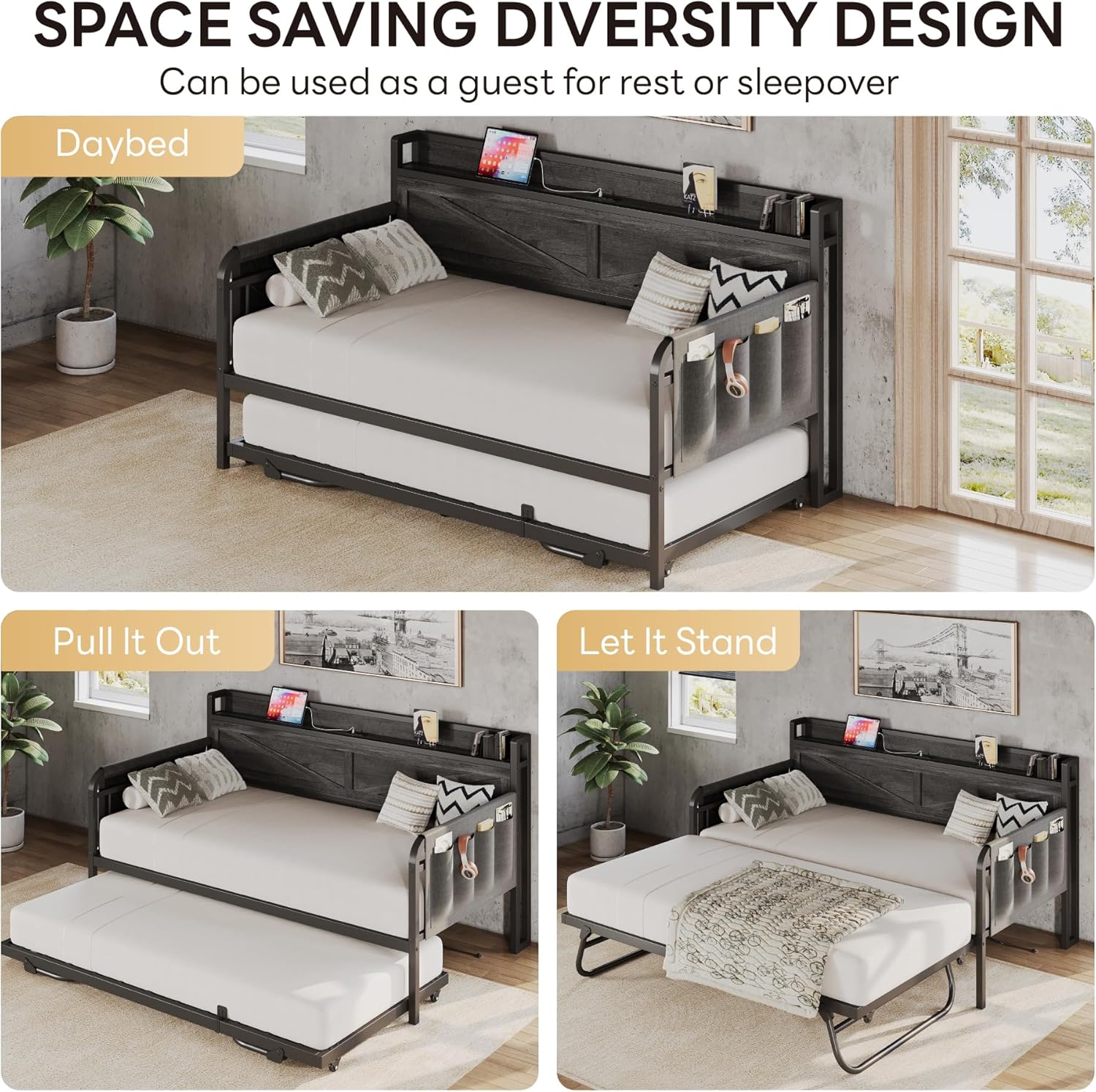 LIKIMIO Twin Daybed, Day Beds with Pop Up Trundle, Storage Headboard with Charging Station, Strong Supports for Apartment and Other Small Space, Charcoal Grey