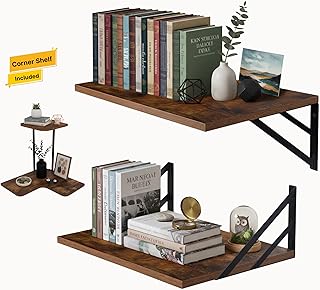 Rustic Brown Floating Shelves Set of 2 with Corner Shelf – Wood Wall Mounted Shelves for Kitchen, Bathroom, Living Room & Office Decor – Heavy Duty Storage Display, Easy Installation Included