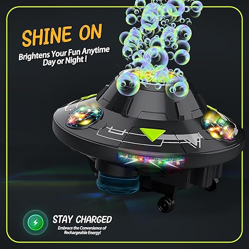 Miniatura 5 de Máquina de burbujas para niños – Máquina automática de burbujas con luz LED y música, juguetes OVNI giratorios de 360°, soplador de burbujas seguro