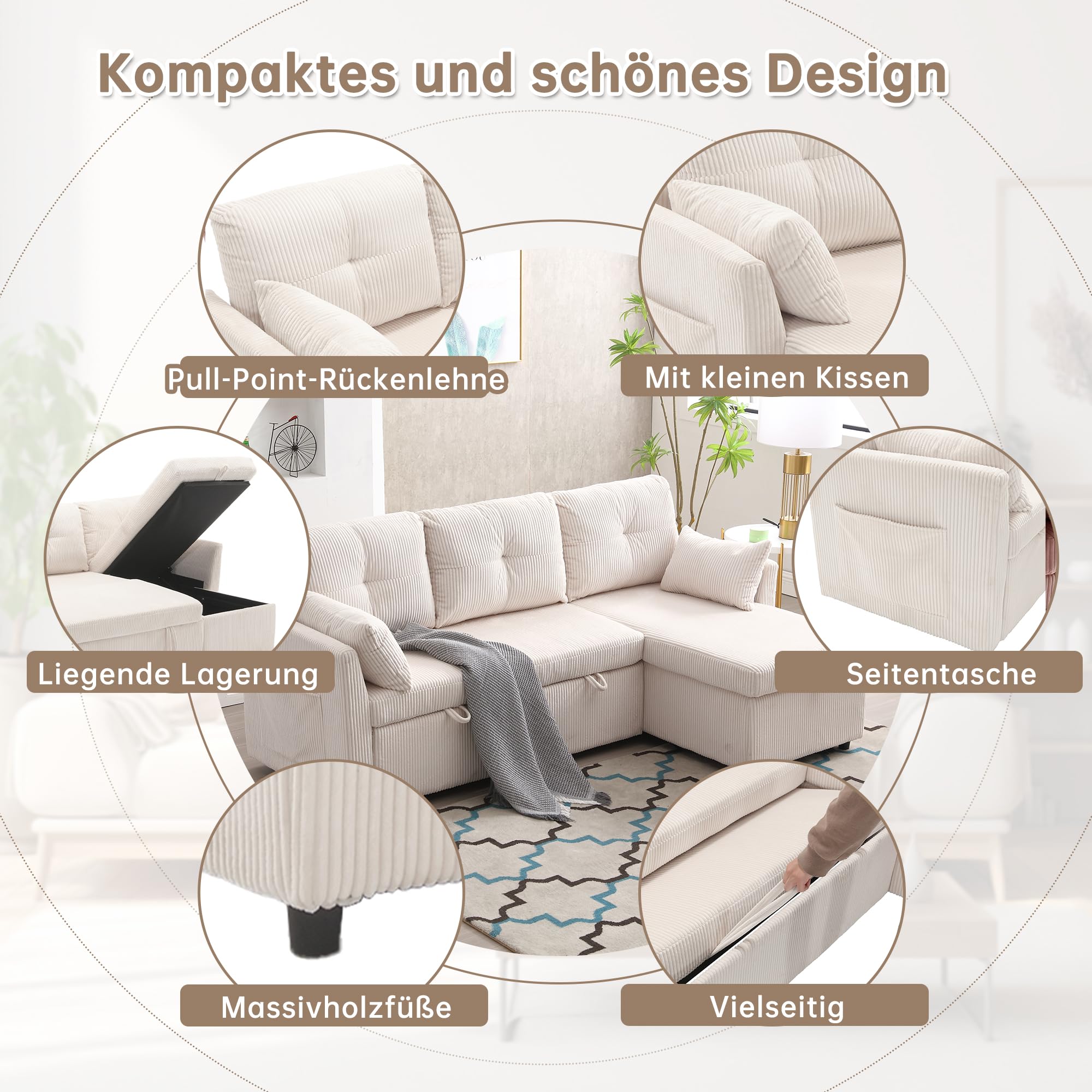 Sapgaks Canapé sectionnel modulable en L, canapé d'angle modulable pour Salon avec méridienne Interchangeable, Tissu Velours, canapé lit Multifonction avec Rangement et lit gigogne, Beige