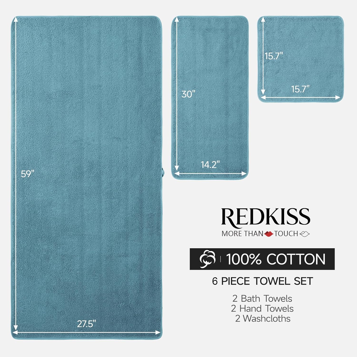 REDKISS 6-Piece Bath Towel Set, Ultra-Plush & Highly Absorbent 100% Cotton Towels for Bathroom, Blue Set Includes 2 Bath Towels, 2 Hand Towels, 2 Washcloths​​ - Image 3