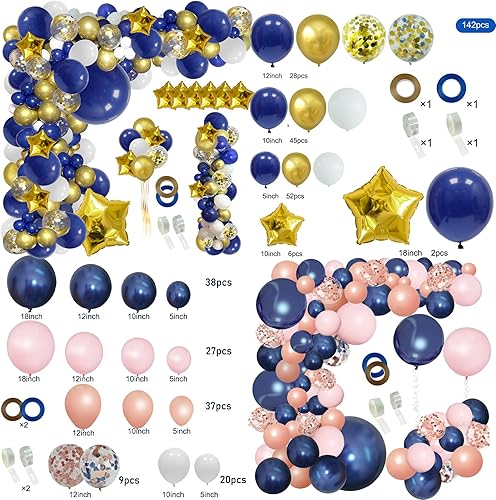 142 guirnaldas de arco de globos azul marino y oro y 144 guirnaldas de globos de revelación de género de oro rosa, azul marino y rosa