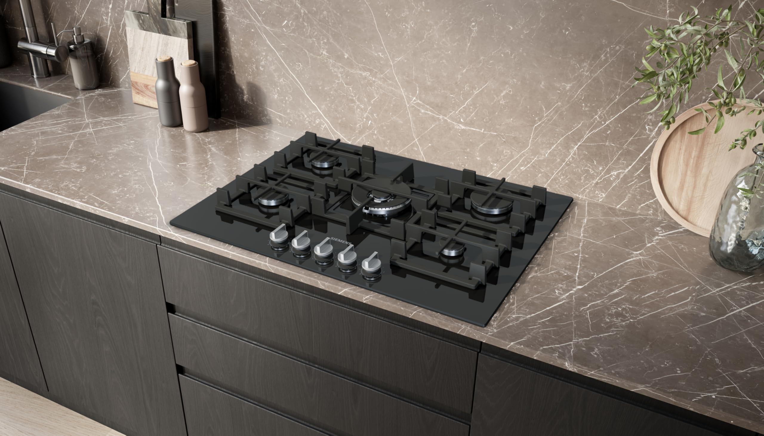 Siemens ER7A6RH40 iQ700 Plaque de cuisson à gaz, 75 cm, technologie stepFlame, cookConnect, hotte automatique intelligente, écran numérique, boutons métalliques amovibles, verre trempé, Home Connect