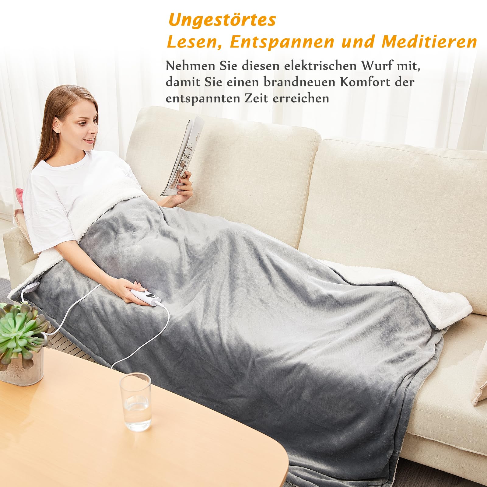 Heizdecke mit Abschaltautomatik, 130x160cm, 10 Heizstufen Up-to-9 Stunden Auto-Off-Timer Überhitzungsschutz, Elektrische Wärmedecke Bett Wärme Decke, Grau
