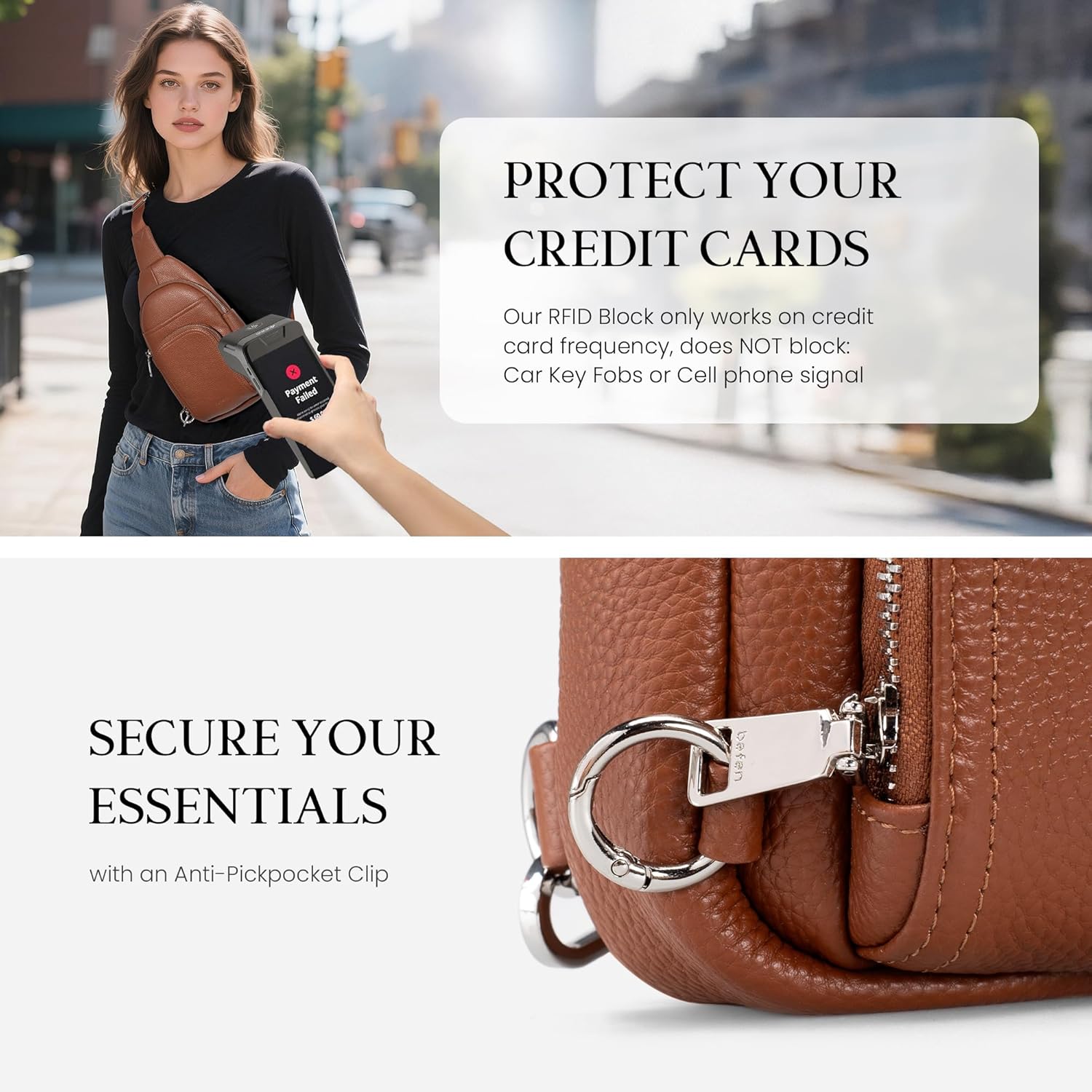 befen Genuine Leather Small Crossbody Sling Bags for Women Anti-Theft Fanny Packs Chest Bags Purse with Built in RFID Wallet - Image 4