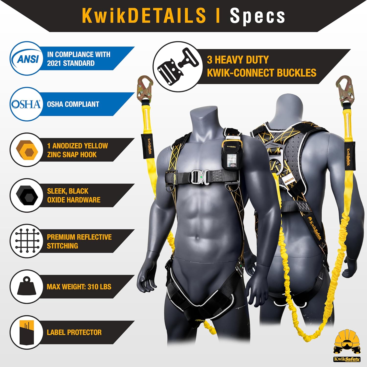 KwikSafety - SCORPION Safety Harness [w/Attached 6ft Lanyard] Safety Harness Fall Protection Kit ANSI OSHA