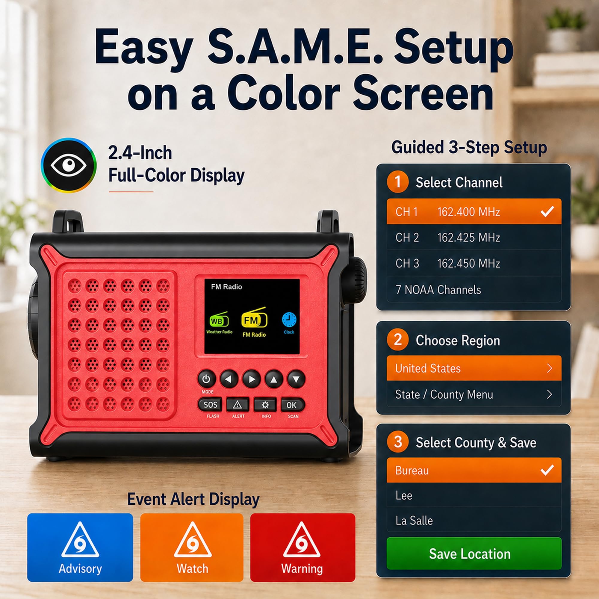NOAA Emergency Weather Alert Radio, 12000mAh manovella solare con S.A.M.E.