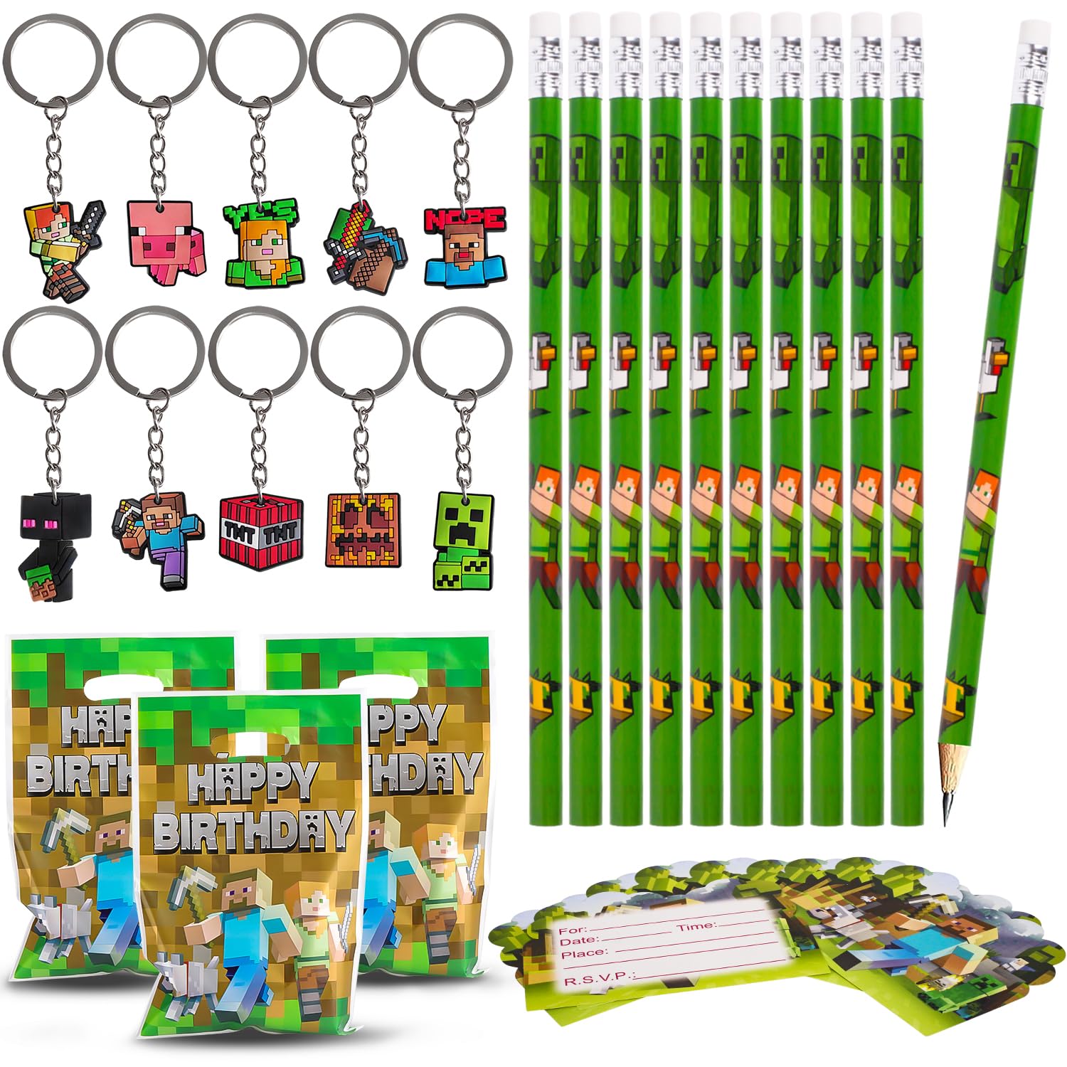 Ezydka 40 Pcs Gaming Party Bag Fillers Party Favours Party Supplies Include 10 Pencils 10 Keyrings 10 Party Gift C 10 party Invites Goodie Bag Fillers for Kids Boys