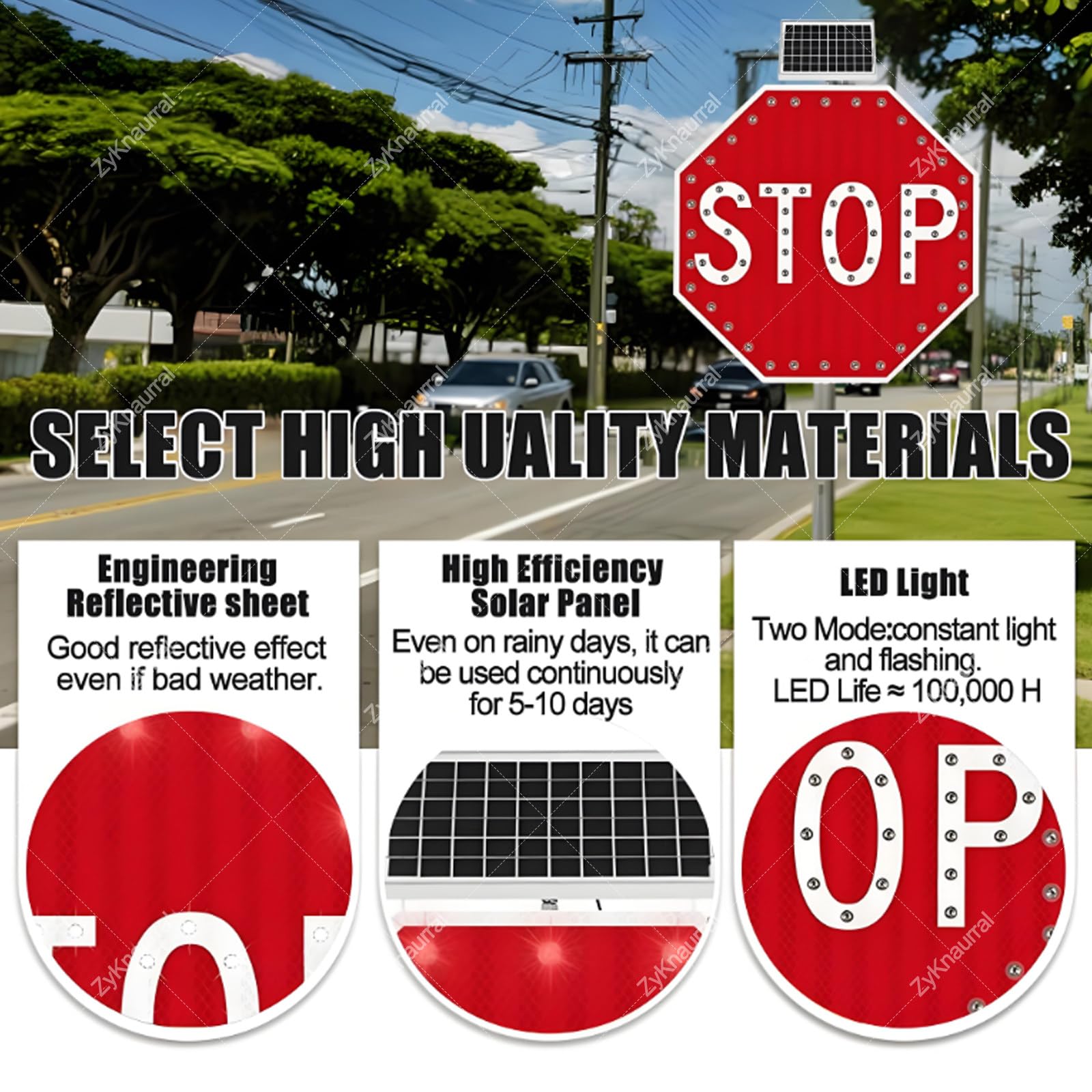 Señal de parada LED solar, señal de advertencia de tráfico intermitente reflectante de 61 cm para seguridad vial, funciona con energía solar con película reflectante de grado de ingeniero