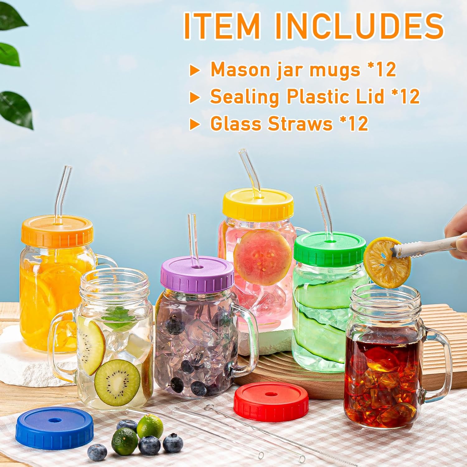 Mason Jars with Handle, 12 Pack 16oz Jar Drinking glasses lid and straw, Cups, Regular Mouth mugs for Iced Coffee, Smoothie, Airtight Lids Food Storage, clear - Image 3