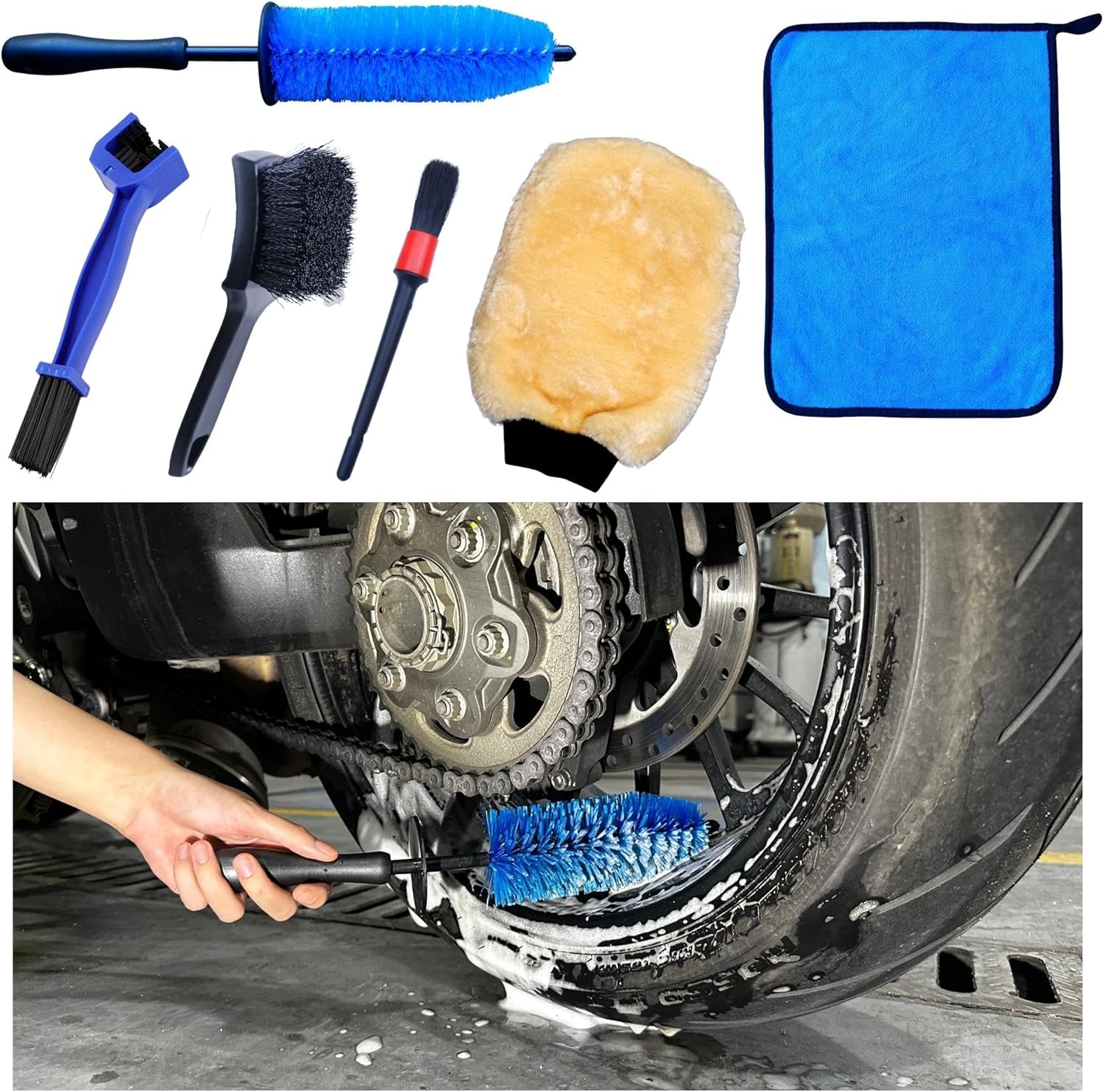 Motorcycle Cleaning Brush Kit 6 Pack, Easy Reach Brush