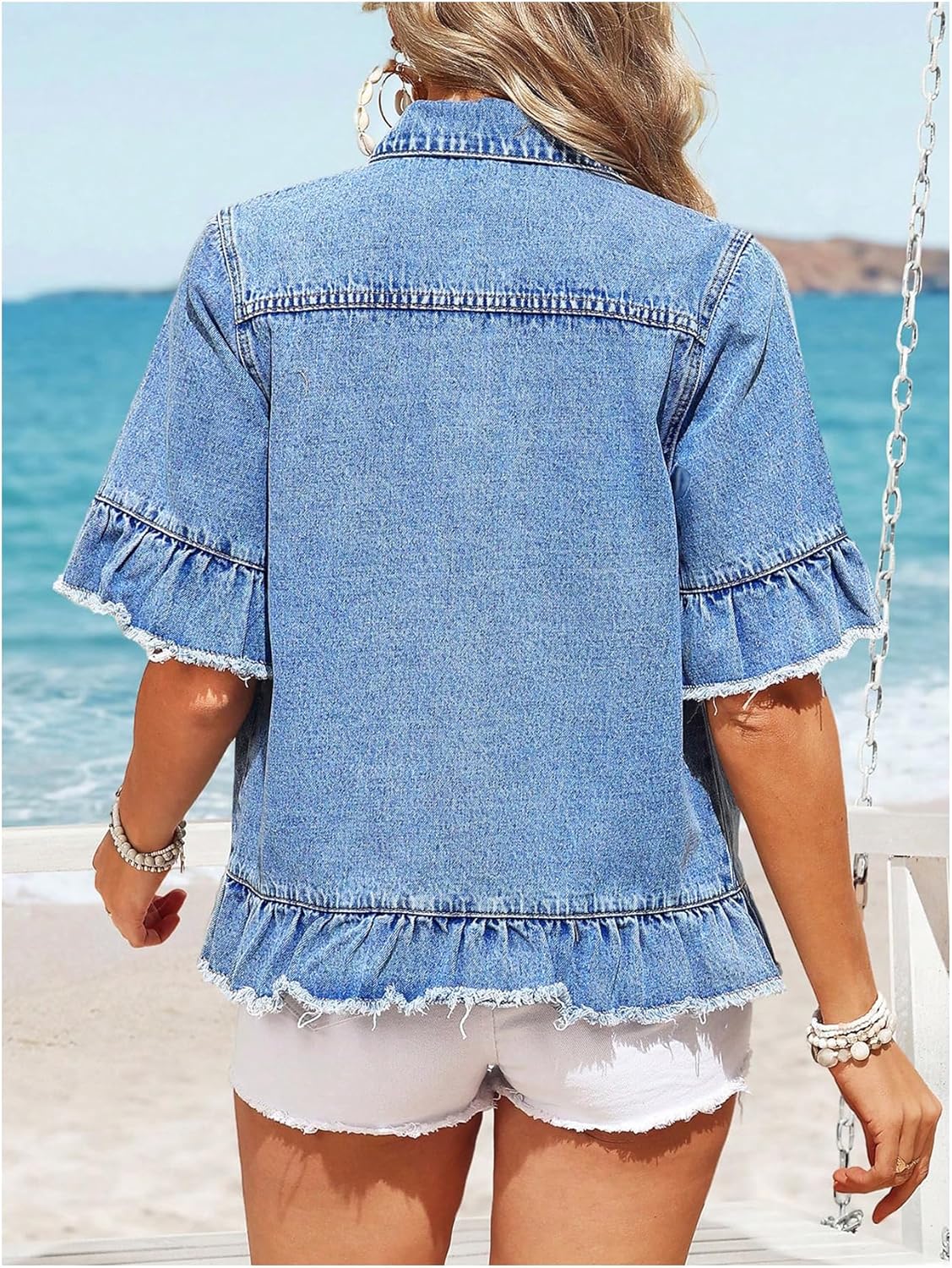 OYOANGLE Women's Button Down Denim Jacket Raw Trim Ruffle Half Sleeve Jean Coat