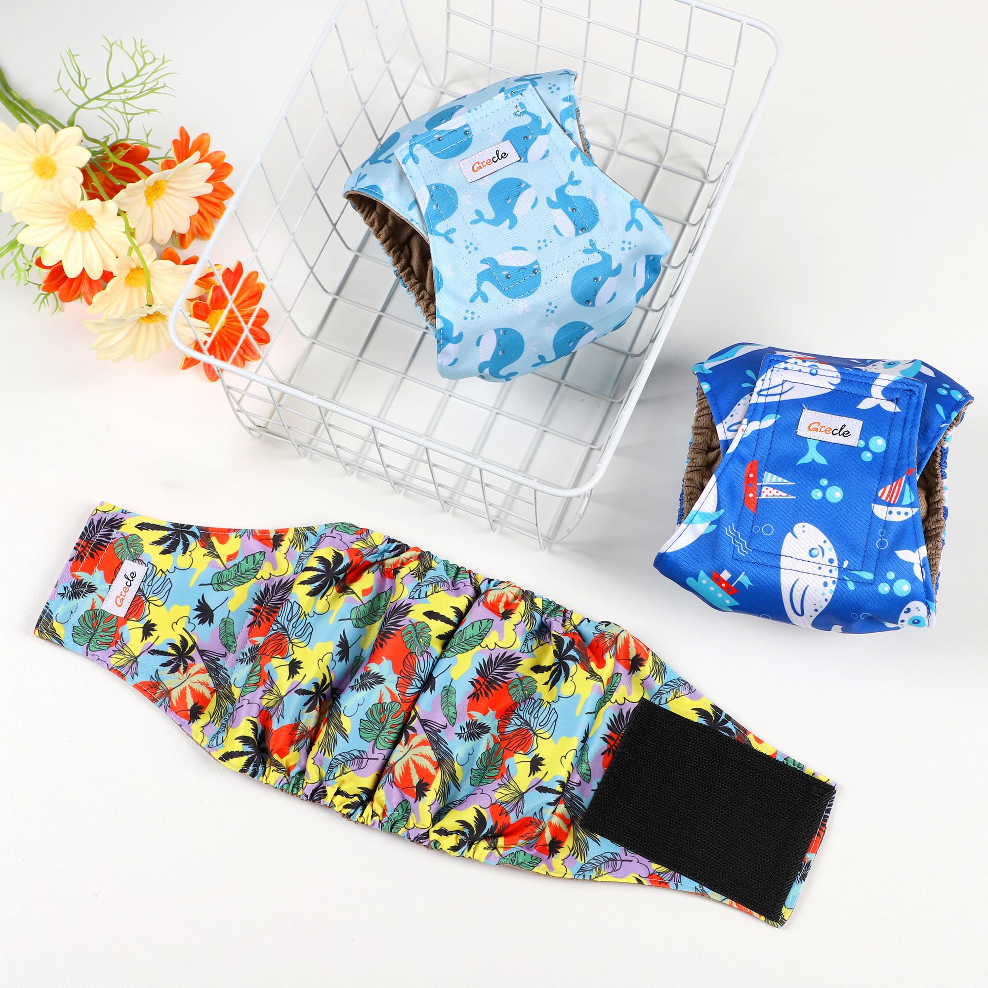 Paquete de 5 pañales para perros machos, reutilizables, bandas para el vientre de alta calidad para perros, envolturas de orina para perros machos en incontinencia o micción emocionante, Hawaii XL