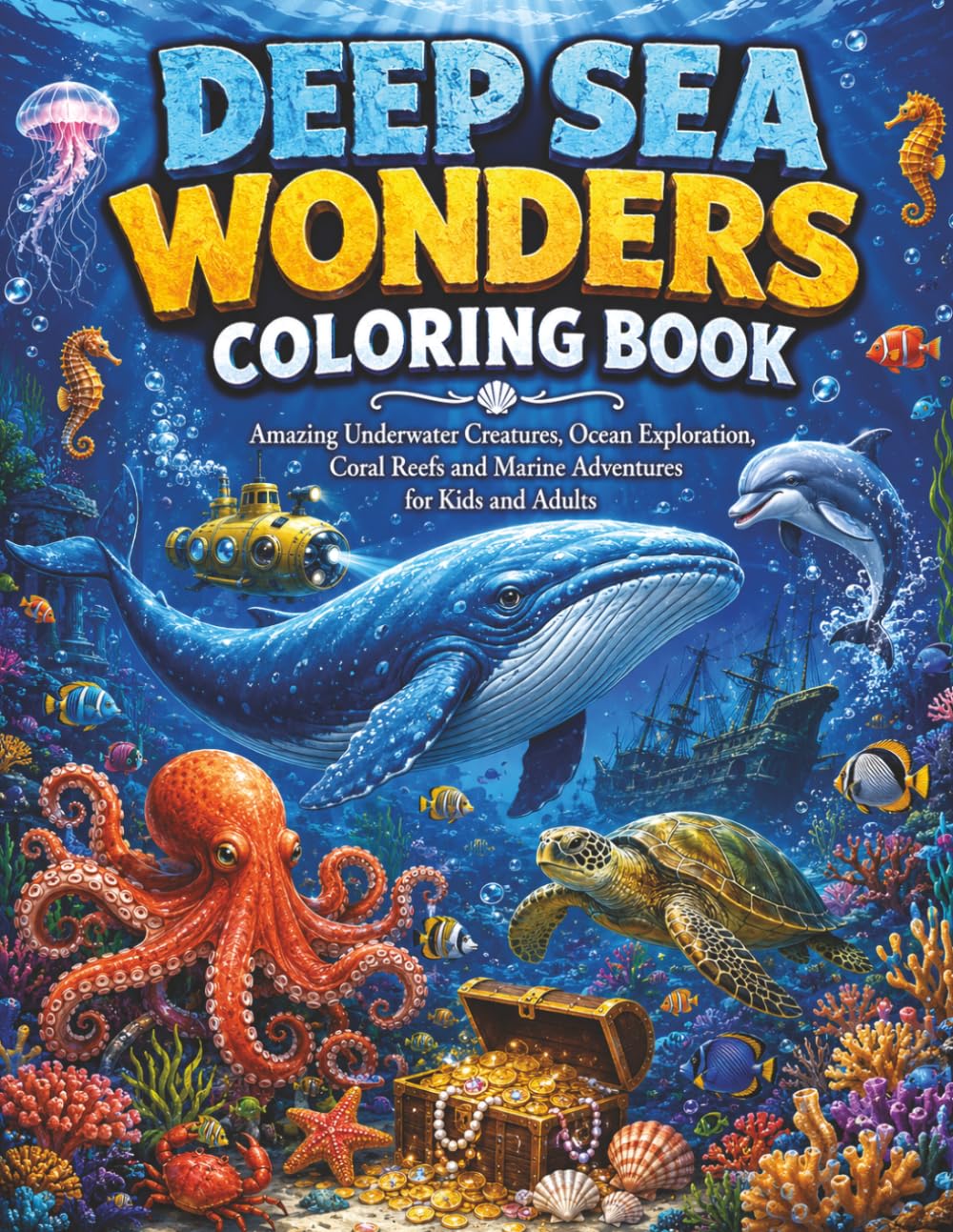 Deep Sea Wonders Coloring Book: Underwater Ocean Animals, Coral Reefs, Whales, Dolphins and Marine Life Adventure for Kids and Adults Stress Relief Coloring Pages