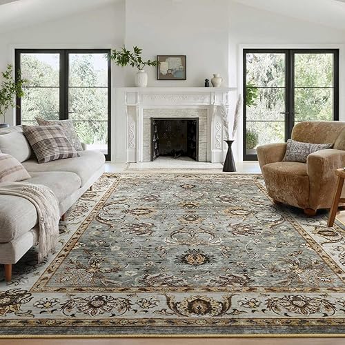 8x10 Ft Extra Large Washable Area Rugs for Living Room, Thin Floral Vintage Print Rug Non Slip Carpet for Bedroom Dining Room Kidsroom Home Decor (Brown)
