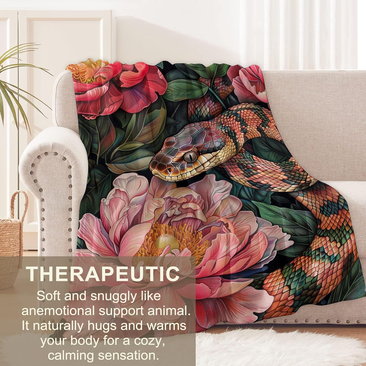 Snake Blanket for Kids Adults Boys Girls Men, Flannel Snake Blankets Gifts, Flower Floral Snake Throw Blanket for Sofa Couch Bed Living Room Soft Warm Cozy Snake Decor 60" x 50" - Image 3