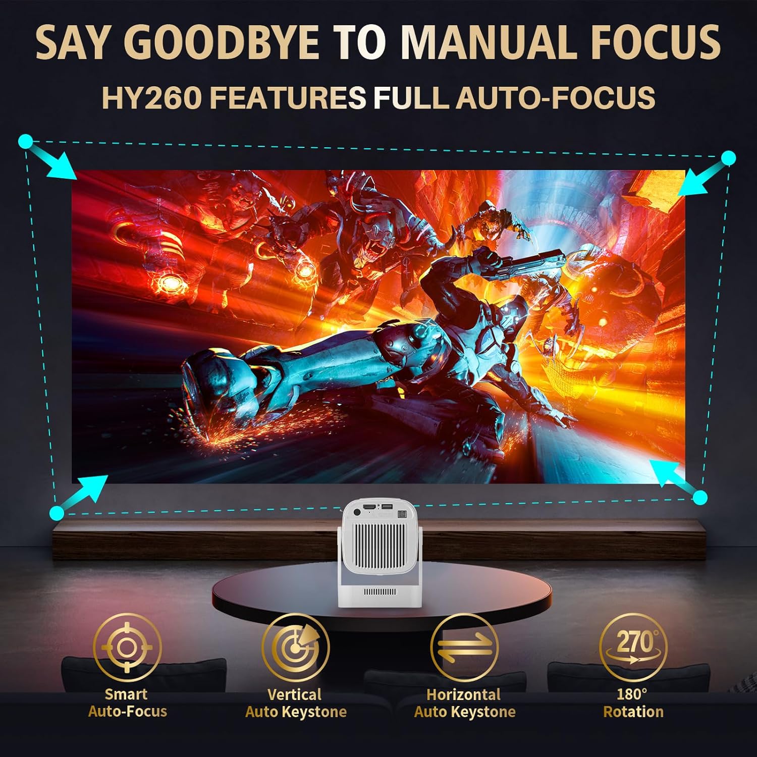 【Native 1080P & Auto Focus】Mini Projector with WiFi and Bluetooth, 4K Full HD 200ANSI, 180° Rotatable Portable Projector, Movie Projector, Compatible with Smartphone, TV Stick, Laptop, HDMI, USB