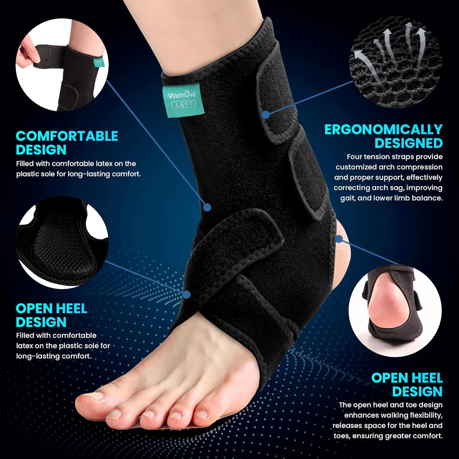 Welnove Adjustable Drop Foot Brace for Everyday Support – Stabilizes Ankle and Arch, Aids Recovery and Comfort for Foot Drop, Plantar Fasciitis, and Nerve Injuries（Left）