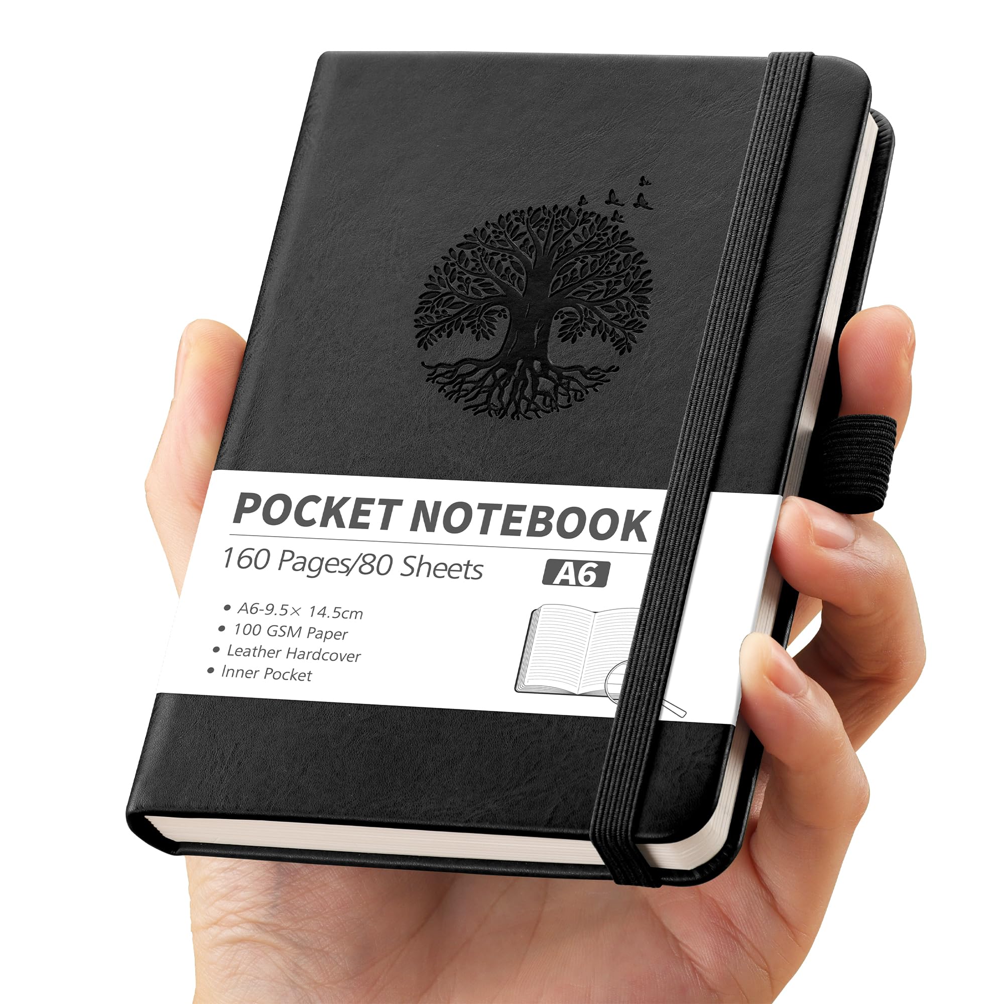 RETTACY A6 Pocket Notebook - Small and Mini, 160 Pages,100 GSM Lined Paper Notepad,with Inner Pocket, Hardcover, Elastic Band - Black
