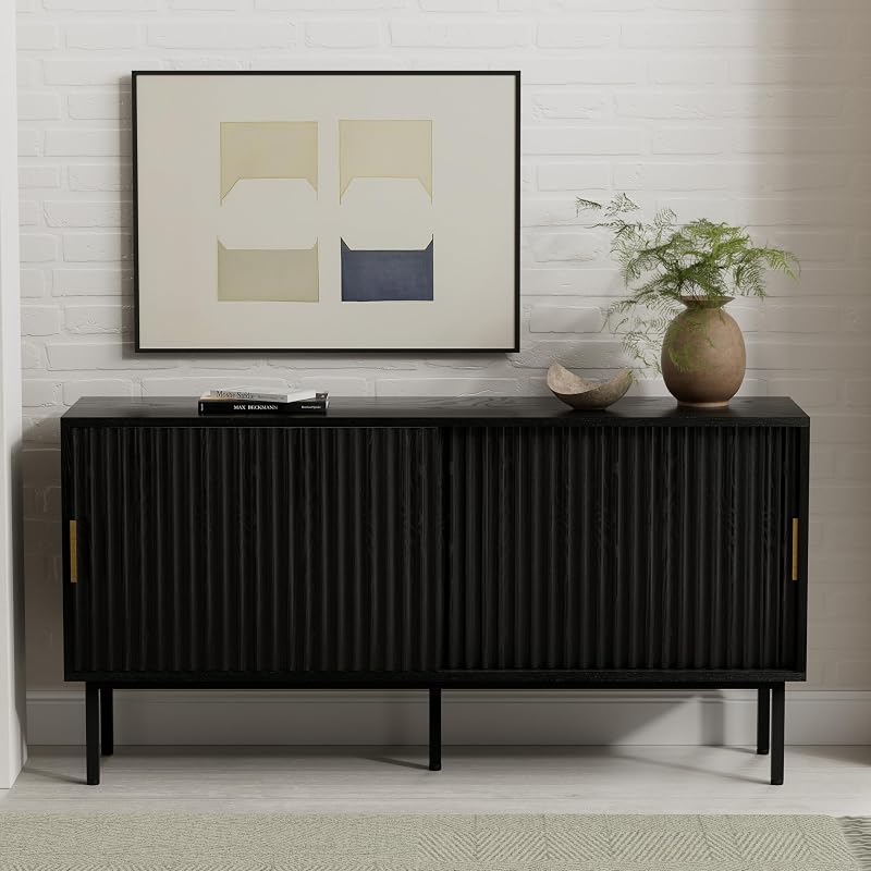 EYYTHUNG Fluted Tv Stand, 47" Entertainment Center with Adjustable Shelf & Sliding Doors, Wooden Media TV Console with Storage Cabinet, Black