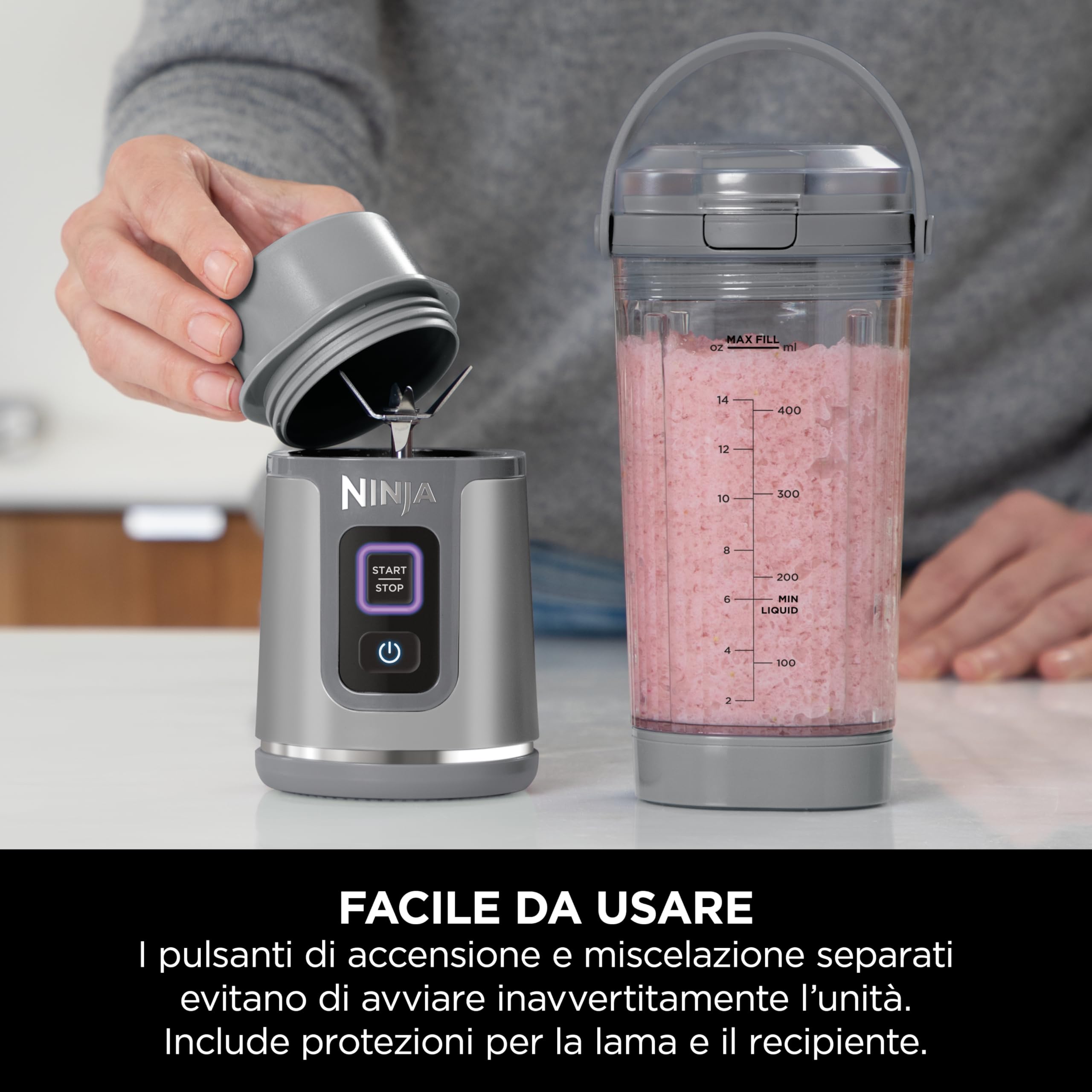 Ninja Blast Frullatore Portatile x2 530 ml, Coperchio Antiperdite e Beccuccio, Senza Filo, Ricaricabile, Frullati Proteici, Frulla Ghiaccio e Frutta congelata, Oro Rosa, Argento Metallico, BC151UKEUGV