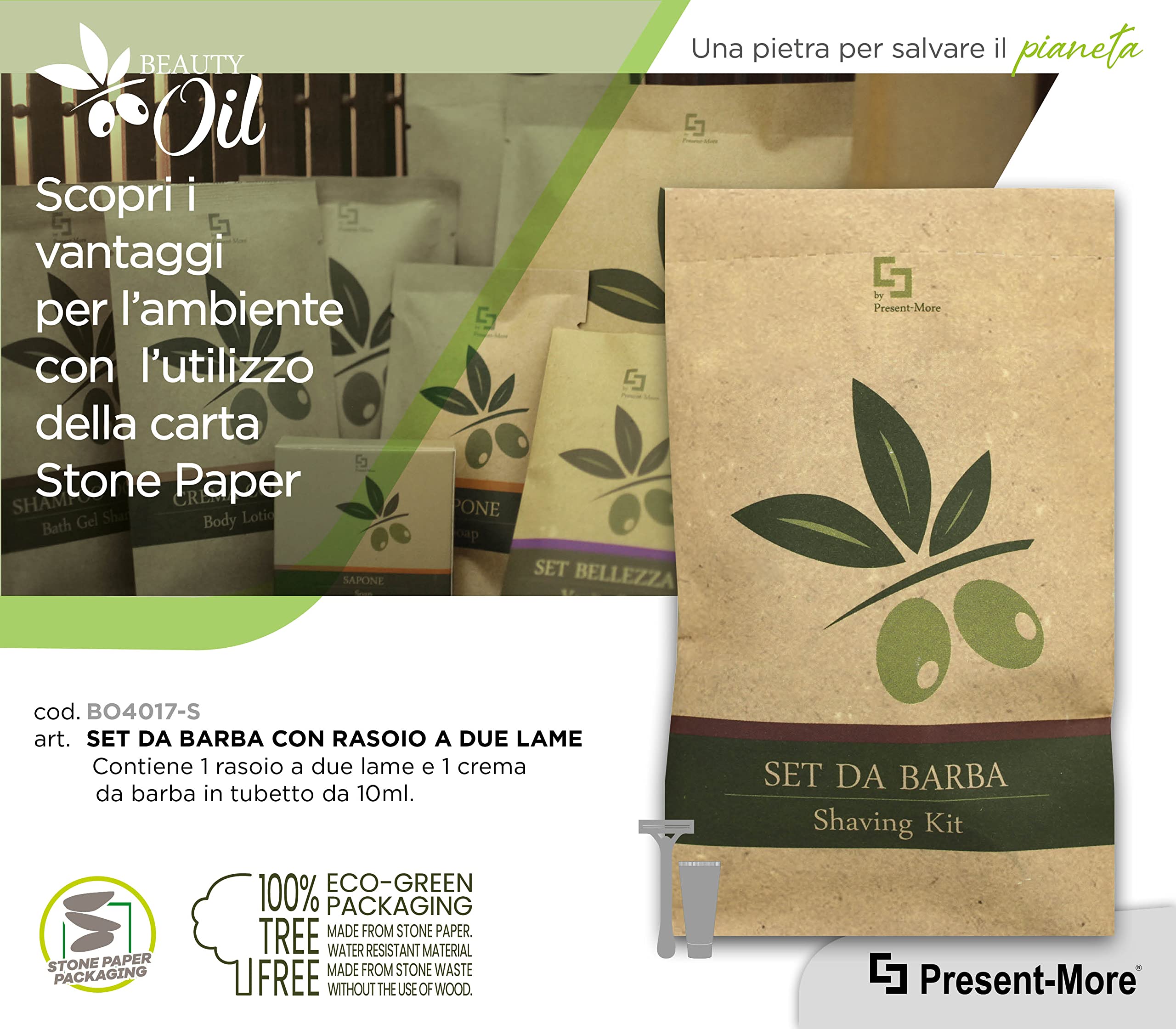 PRESENT-MORE - Kit Barba 250 Pezzi - Linea Beauty Oil | Kit con Rasoio e Crema da Barba da 10ml - Packaging Ecologico in Stone Paper - Ideale per Hotel e B&B