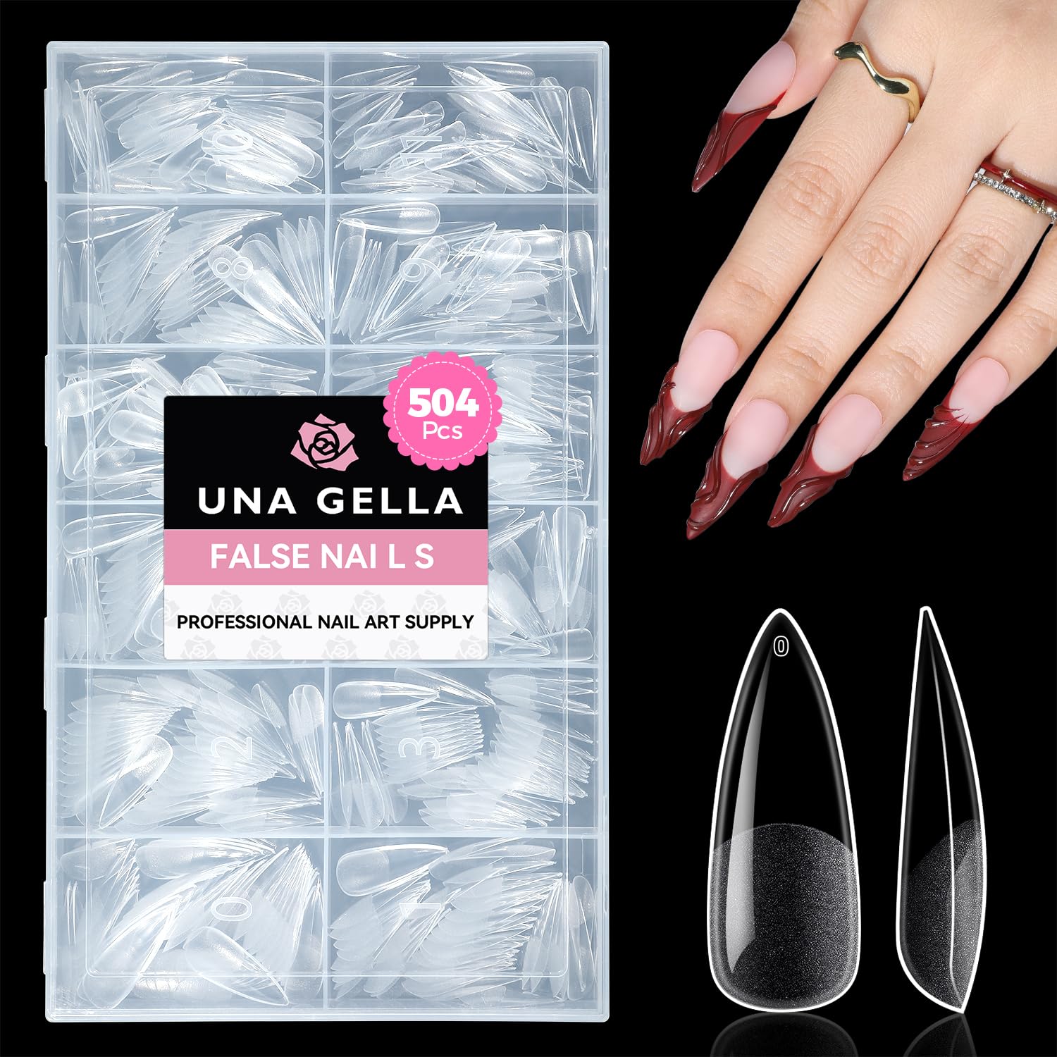 Long Stiletto Nail Tips 504PCS, Full Cover Pre-Etched Long Stiletto Clear Fake Nails Tips, Sturdy Acrylic Press on Nails, No C Curve Soft Gel Tip for Nail Extension DIY Nail kit 12 Sizes