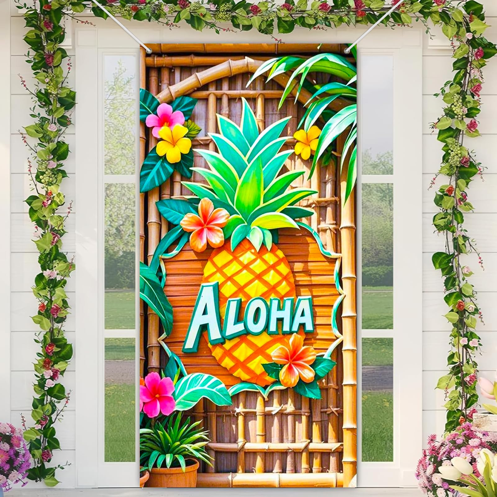 BlissYard Aloha Hawaii Summer Door Banner 71 x 35 Inch Pineapple Fruit Decorations Door Cover Hello Summer Party Supplies Aloha Theme Indoor