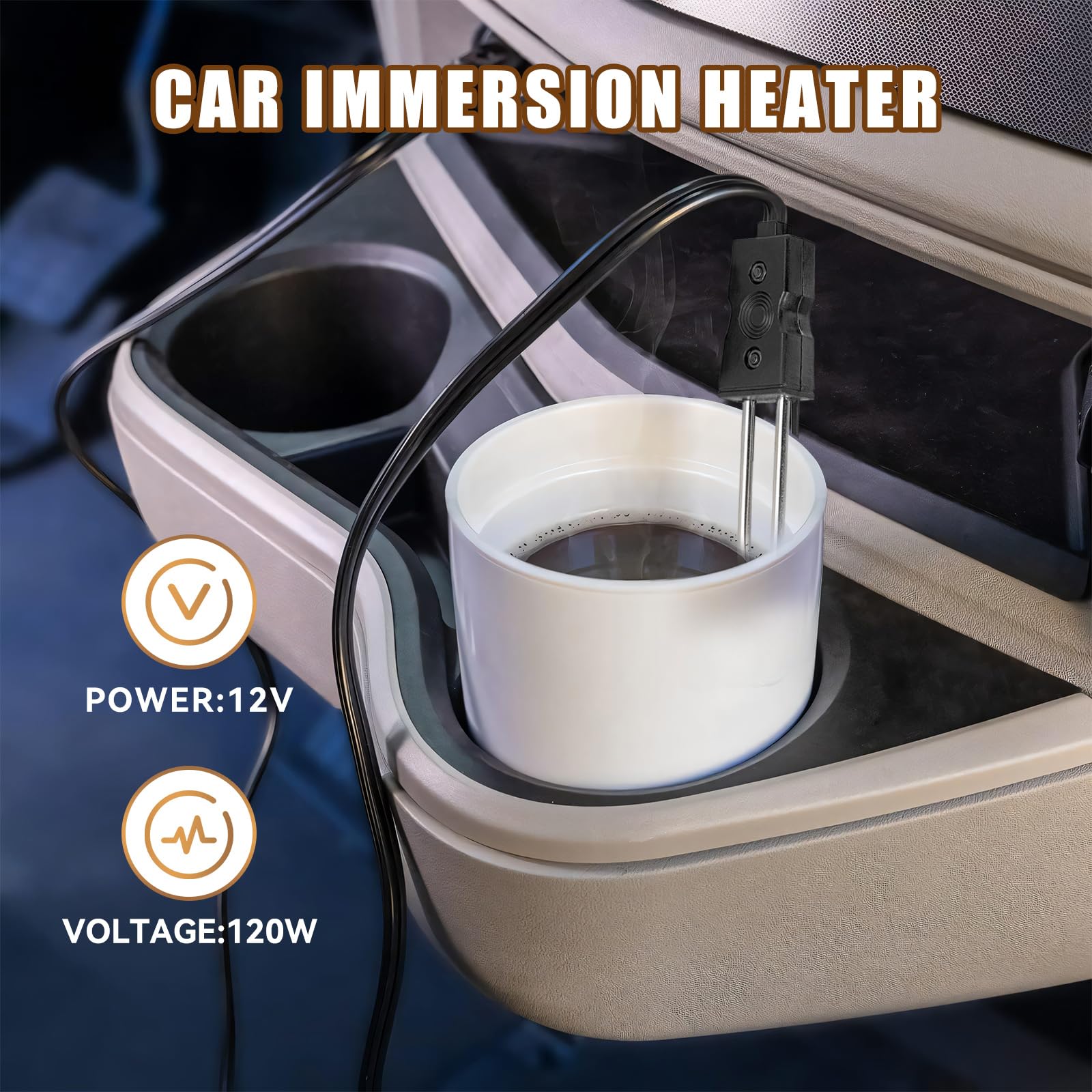 Chauffe-Eau Immersion Voiture 12V/24V Portable – 120-140W – Camping, Pique-Nique, Voyage – Eau Chaude Rapide