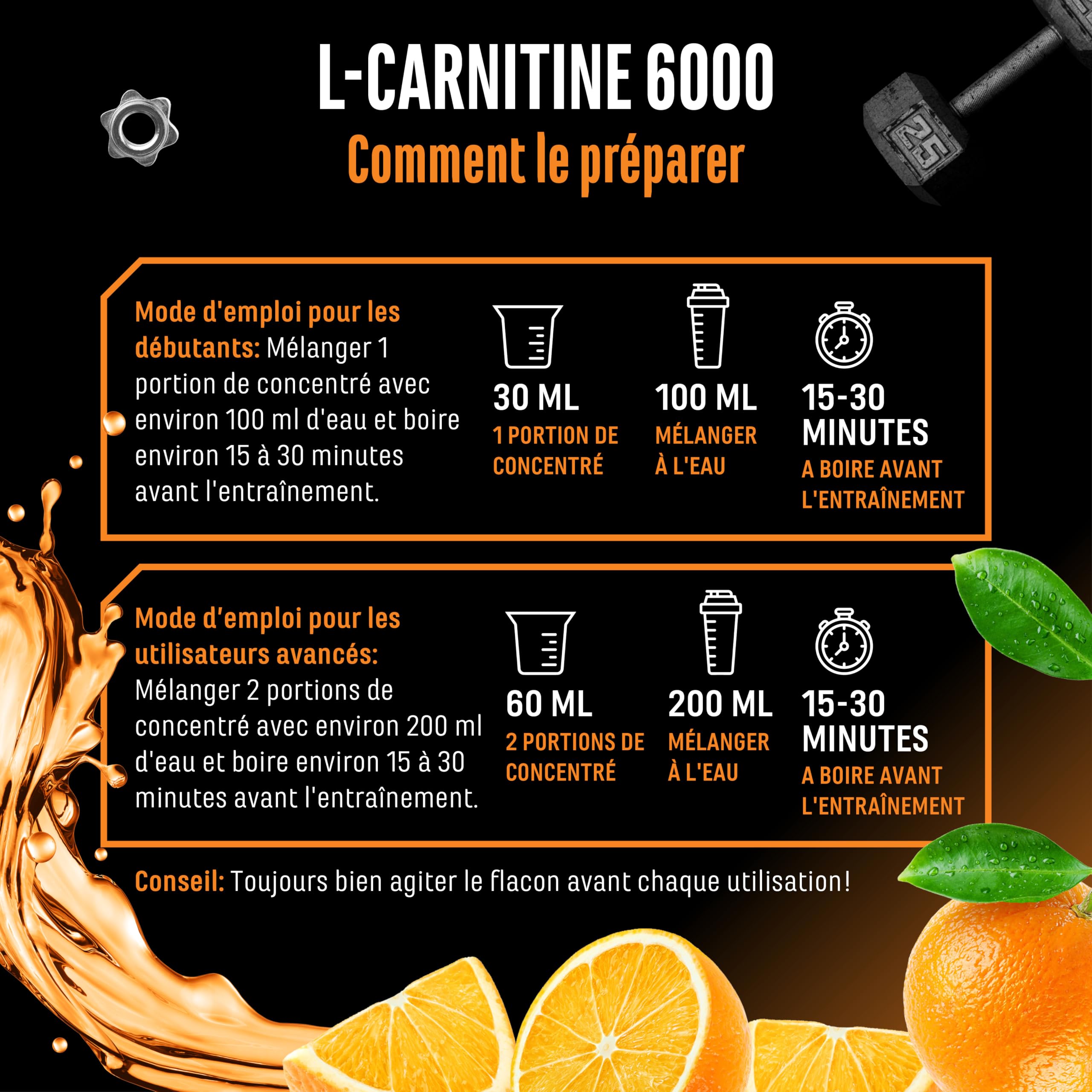 L-Carnitine 6000 Liquid - 1000 ml - Extra Fortement Dosé avec 6000 mg de L-Carnitine Pure par Portion Journalière - Amino Workout Drink - Goût Délicieux (Orange Power) - Vegan | Orange, 6000 mg de L-carnitine, boisson d'entraînement aminée, végétalien, ha