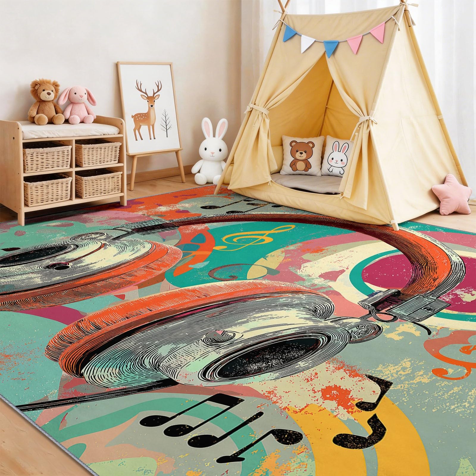 Dywan można prać w pralce, muzyka i kwiaty, kolorowy wzór bloków do salonu, sypialni, jadalni, 140 x 200 cm, miękki dywan do pokoju dziecięcego, kolorowy
