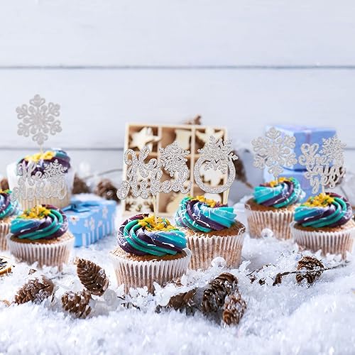 Miniatura 5 de Gyufise 24 piezas de copos de nieve plateados con purpurina para cupcakes con purpurina para decoración de invierno, boda, aniversario, despedida de
