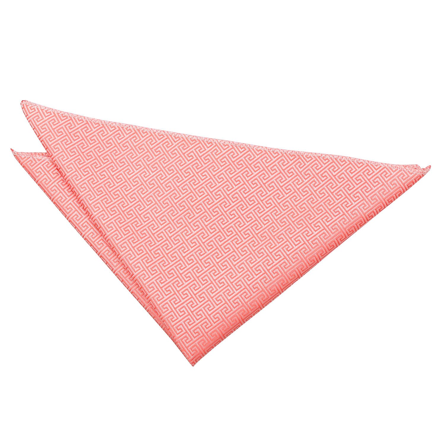 DQT Men Pink Solid Plain Stripe Floral Paisley Polka Dot Pocket Square - Greek Key Coral