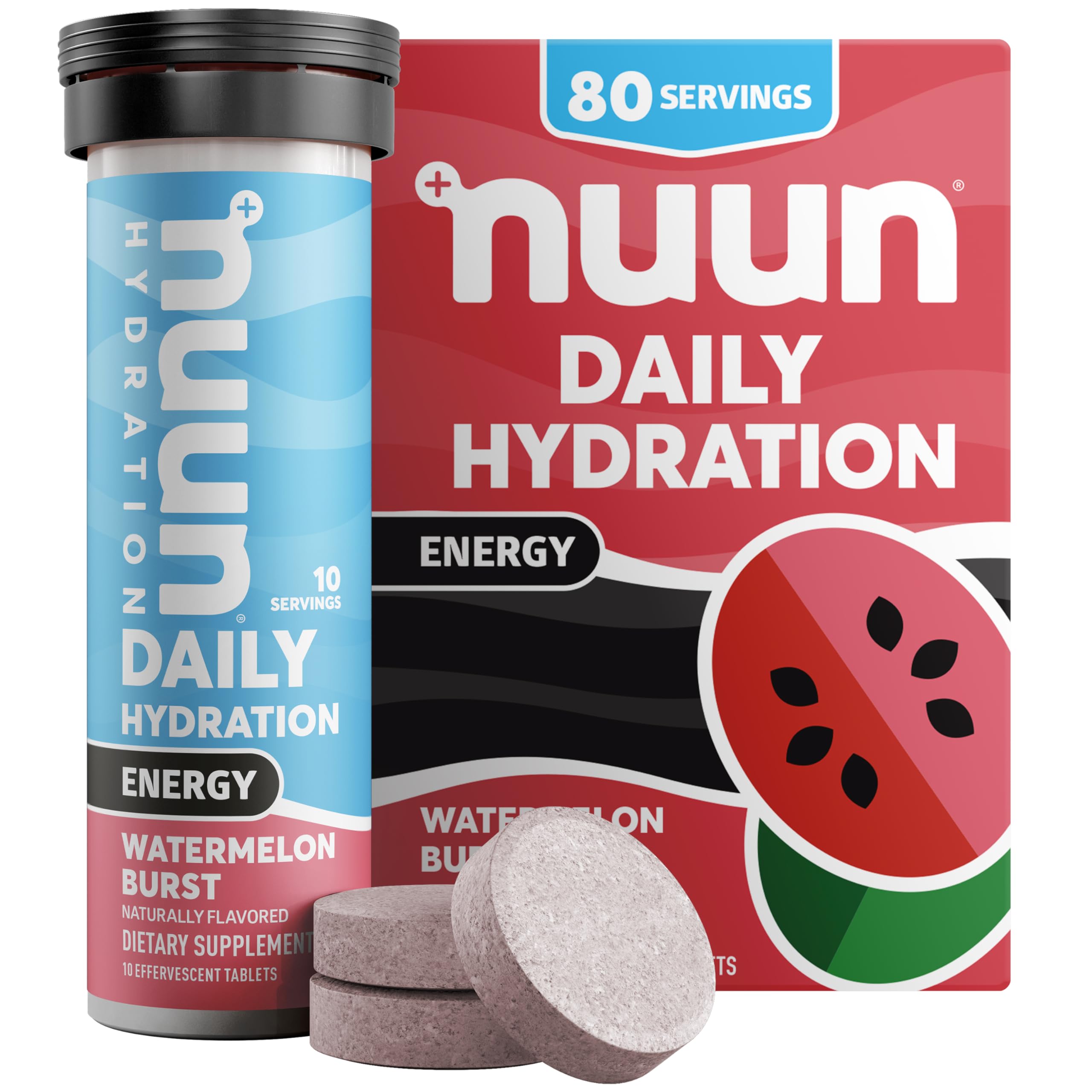 Nuun Energy Electrolyte Tablets with Ginseng, Caffeine from Green Tea Extract, Vitamin B12, B6, B5, Magnesium & 4 Other Electrolytes, Gluten Free & Vegan, Watermelon Burst, 8 Pack (80 Servings Total)