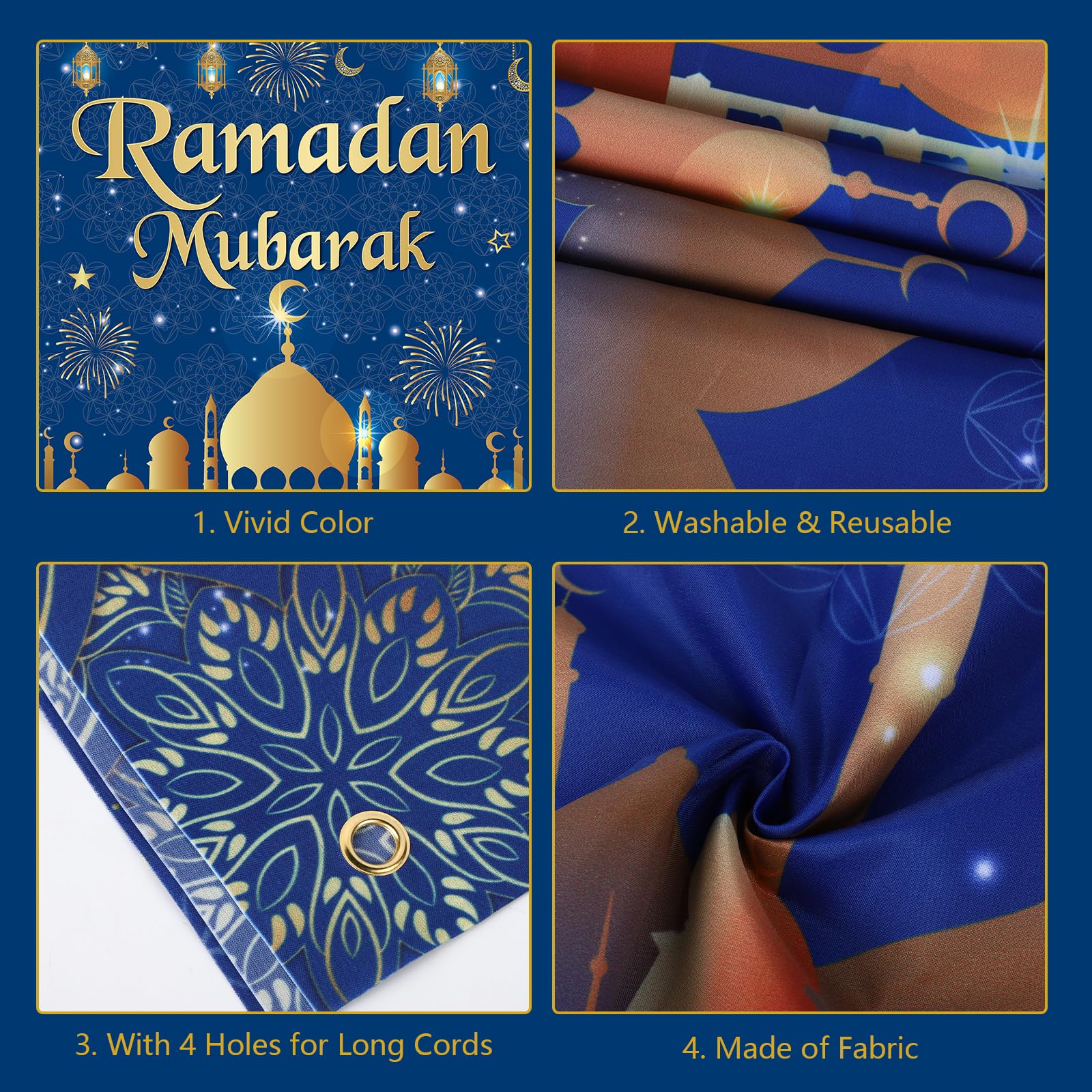 Ramadan Mubarak decoraties, grote stof moslim Ramadan Kareem achtergrond banner Eid Mubarak teken foto cabine achtergrond achtergrond voor moslim Ramadan feestbenodigdheden, 200 x 110 cm