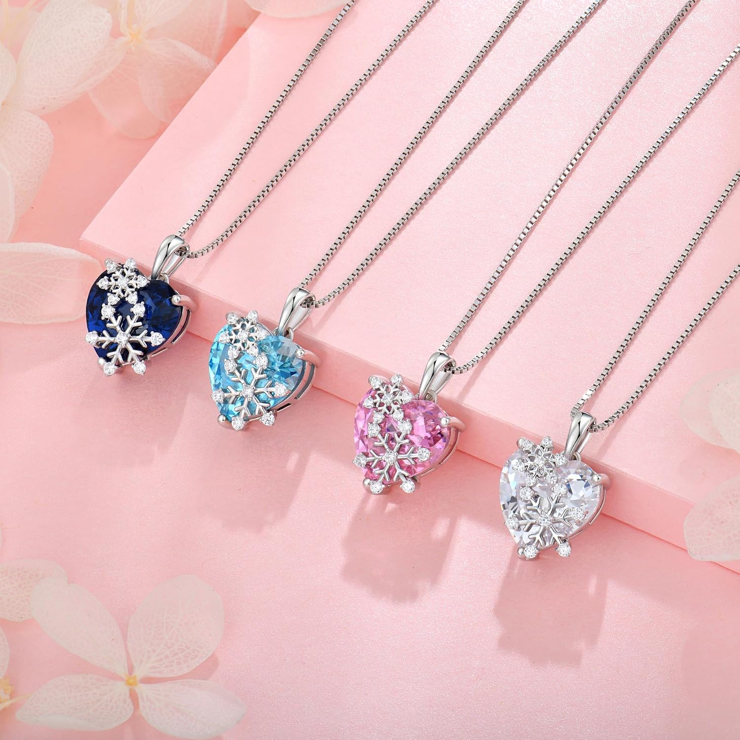 Snowflake Necklace for Women 925 Sterling Silver Heart Birthstone(White/Aquamarine/Sapphire/Pink) Pendant Necklaces Cubic Zirconia Winter Christmas Jewelry - Image 4