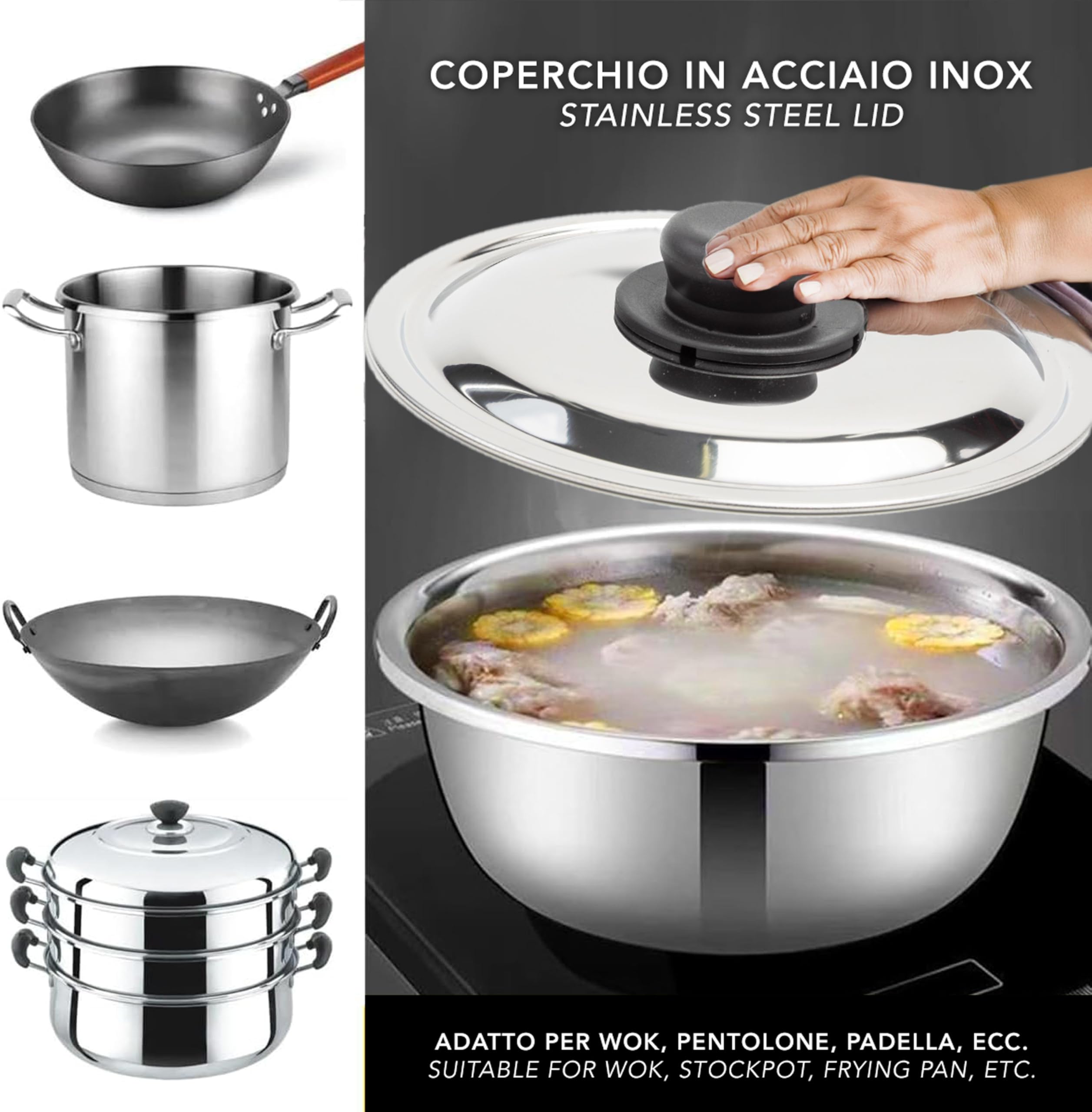 IPEA Coperchio per Padella o Pentola in Acciaio Inox - 18/20 / 22/24 / 26/28 / 30 cm - Coperchio Rotondo Universale con Pomello per Padelle da Cucina - Lavabile Lavastoviglie
